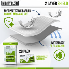 Mighty Clean seat covers designed for on-the-go use in a compact travel pouch.