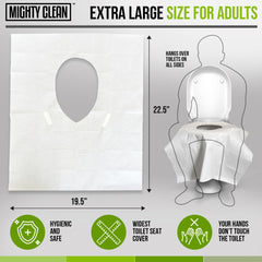 Mighty Clean toilet seat covers with a waterproof 2-layer shield for mess protection.