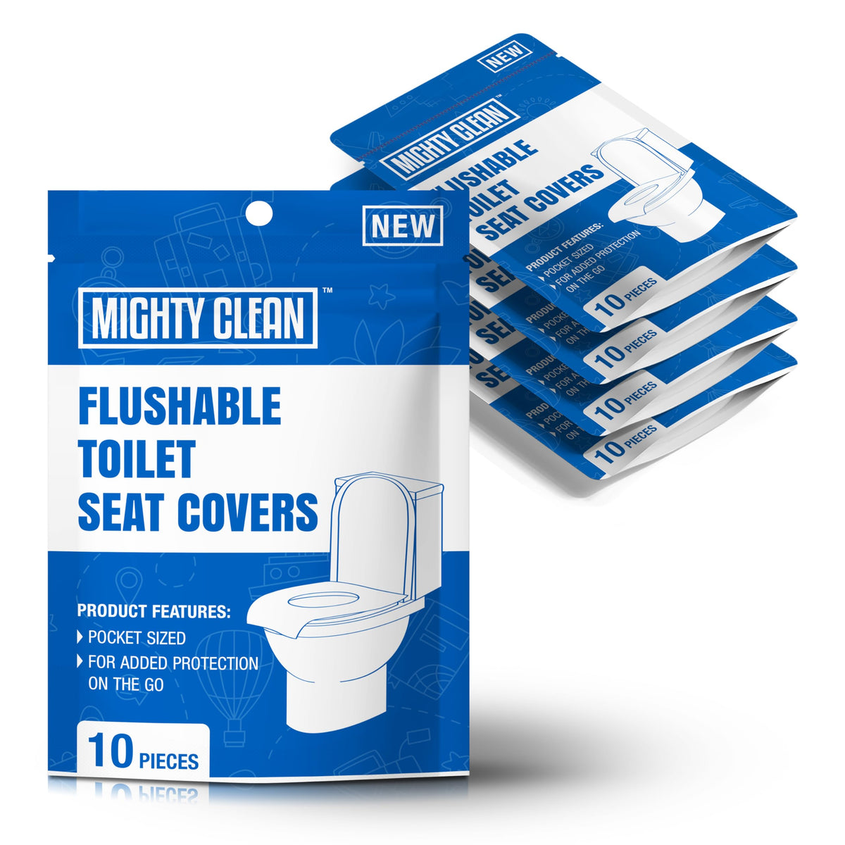 Mighty Clean toilet seat covers XL packaging highlights bulk pack convenience.