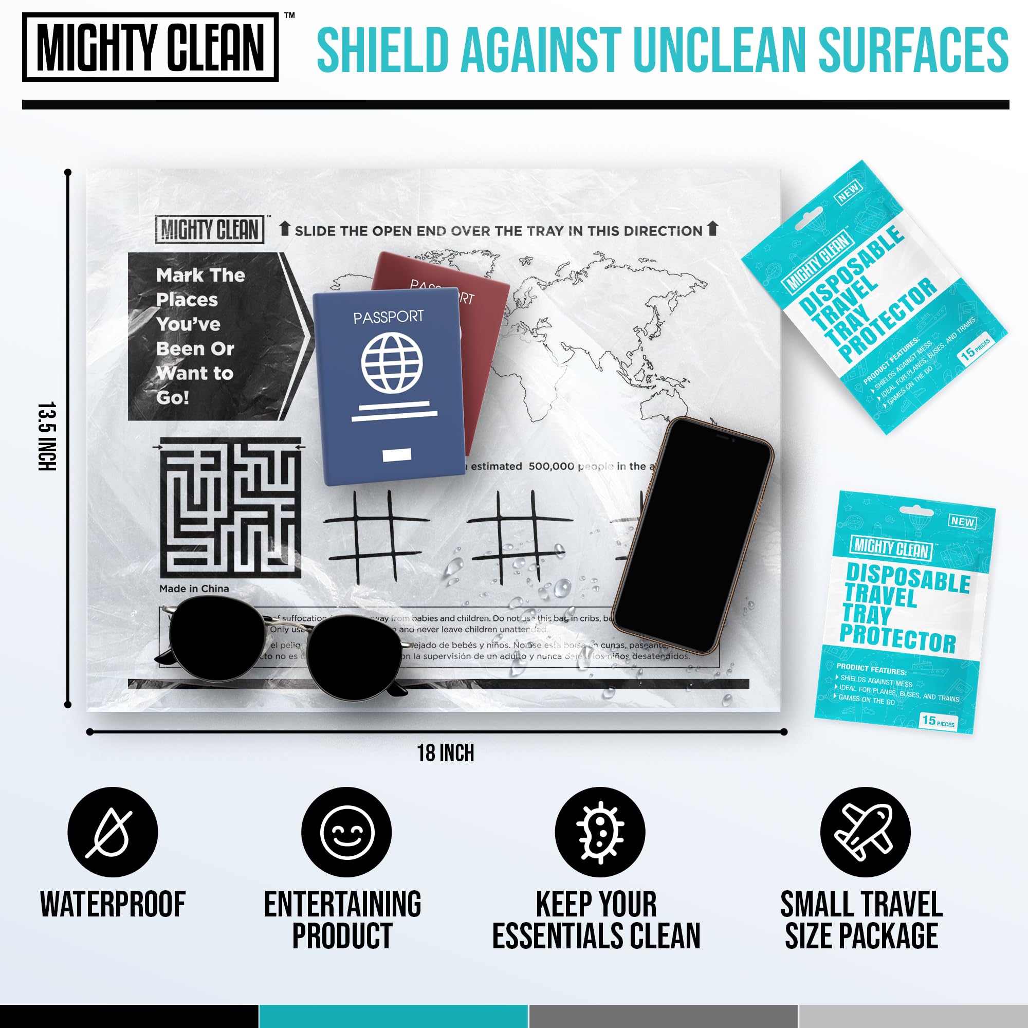 Mighty Clean travel tray protector fully covers a coach tray table (13.5 x 18 inches) to guard against spills.