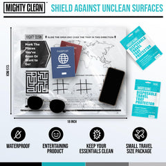 Mighty Clean travel tray protector fully covers a coach tray table (13.5 x 18 inches) to guard against spills.