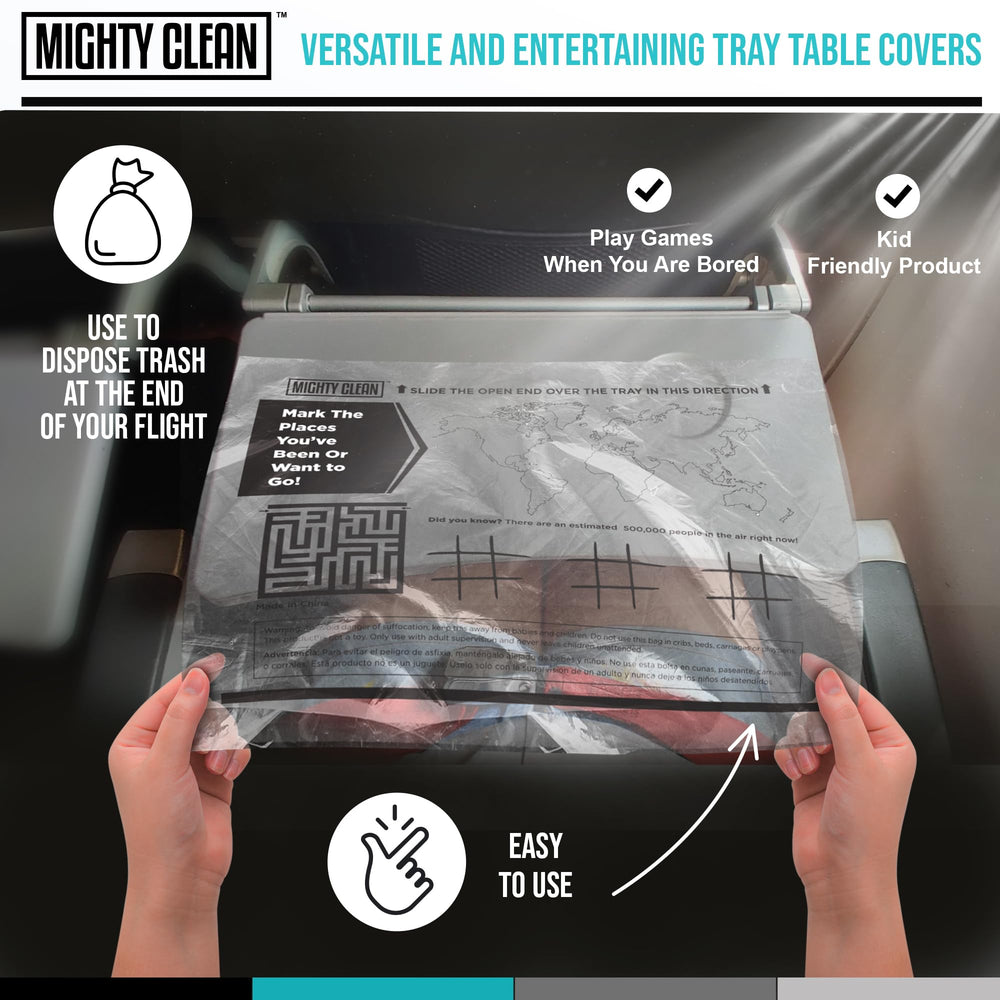 Mighty Clean tray protector can be removed and used as a trash bag after use on the plane.