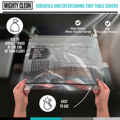 Mighty Clean tray protector can be removed and used as a trash bag after use on the plane.