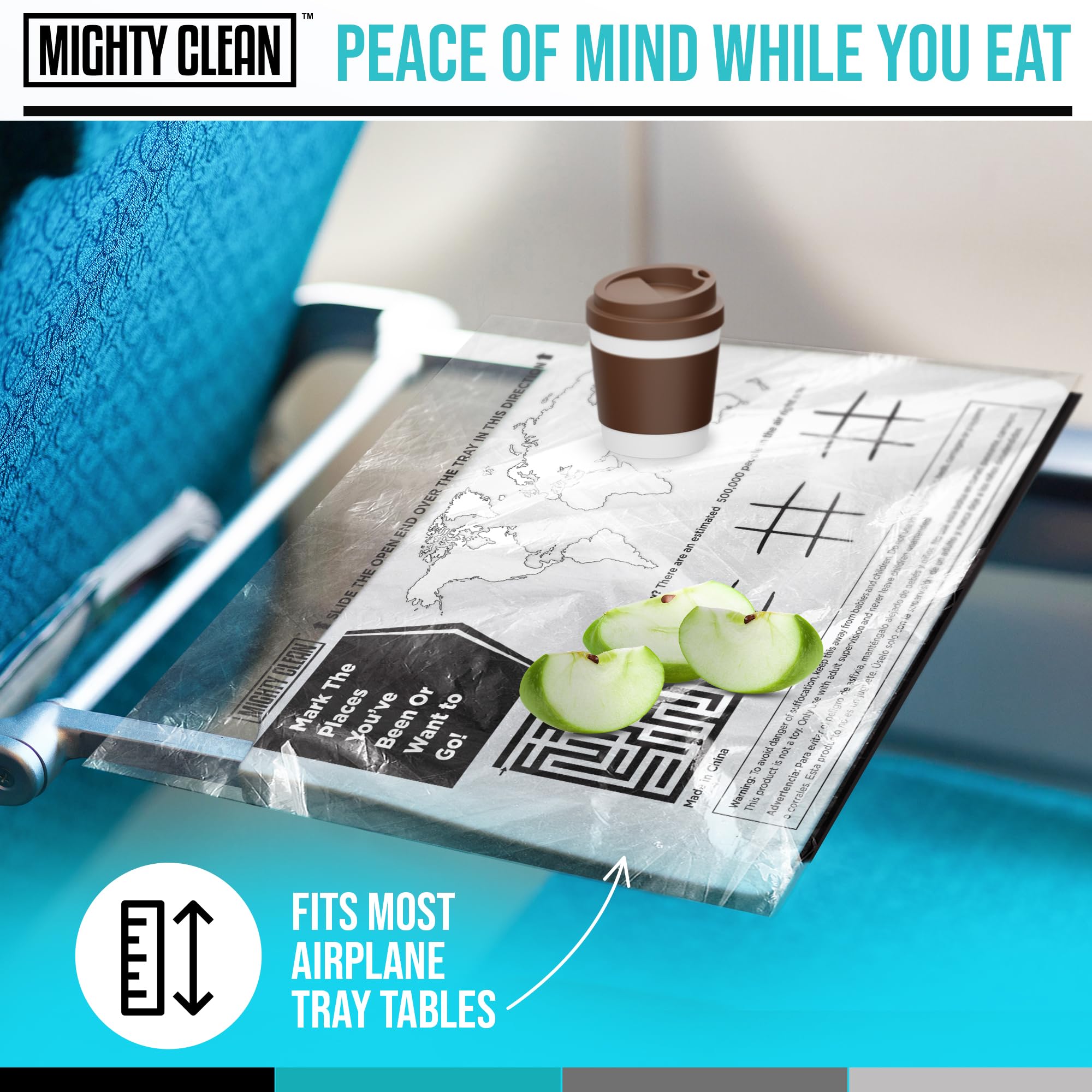 Mighty Clean tray protector features kid-friendly games for onboard entertainment during the flight.