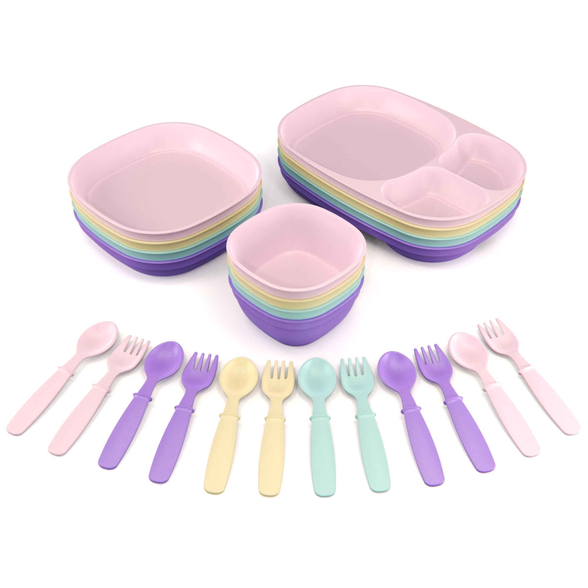 MightyMoe toddler dinnerware 24pc trays stacked for space-saving mealtimes