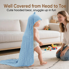 MIGIOL Muslin Baby Hooded Towel dark blue open for post-bath warmth