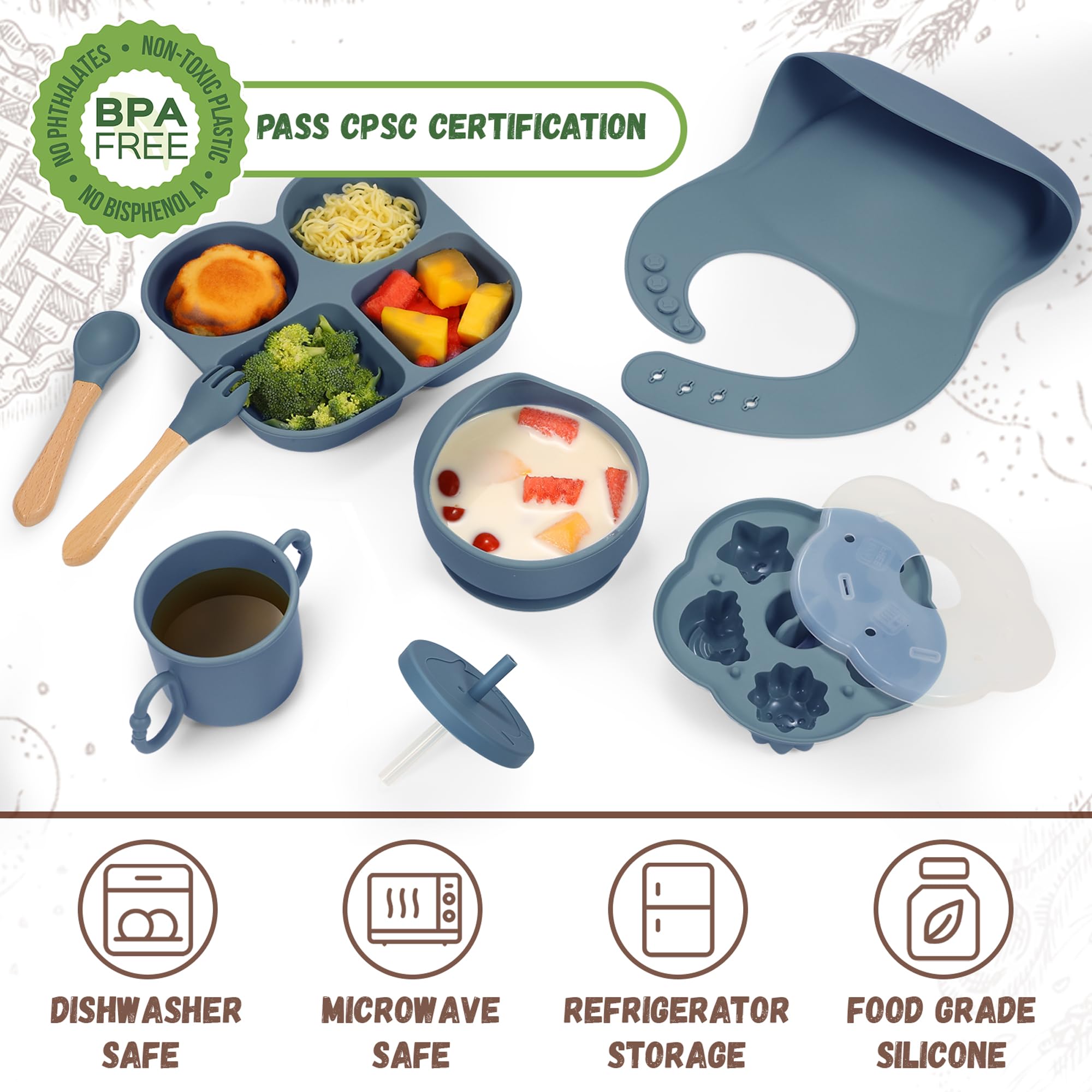 MIICASA suction-bowl with base grip keeps food from tipping during self feeding.