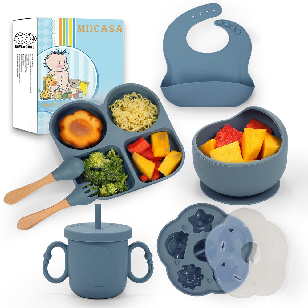 MIICASA suction-plate on a tray helps reduce spills during baby-led meals.