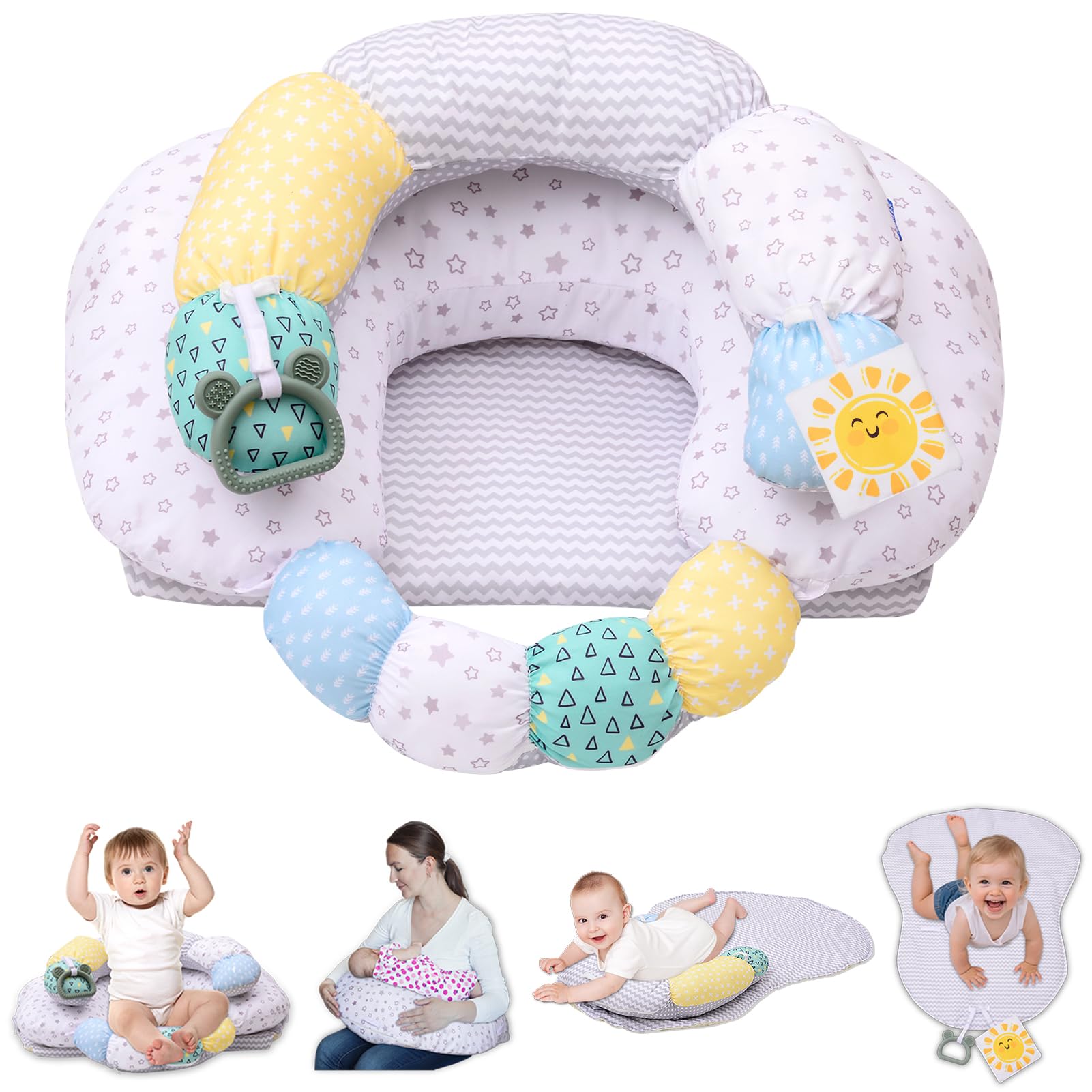 MIIMER 4-in-1 tummy time pillow setup supports comfortable tummy time and adjustable shapes.