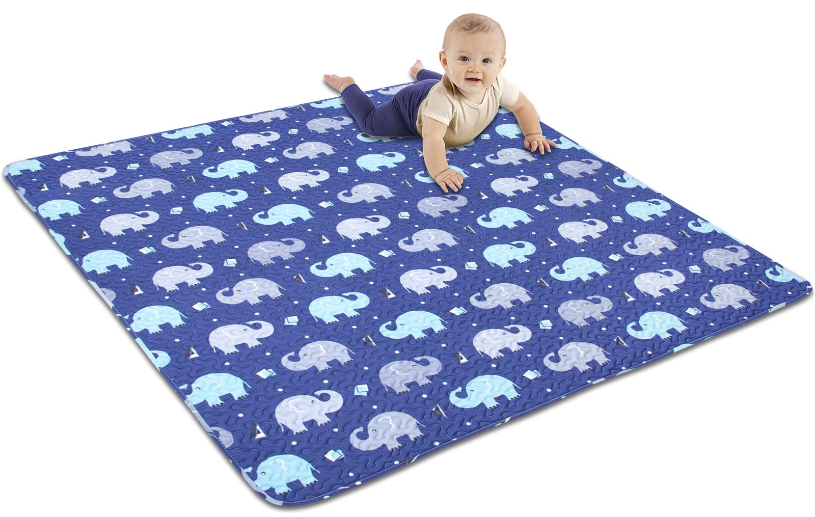 MIIMER baby floor play mat foldable blue elephant top view with soft surface.