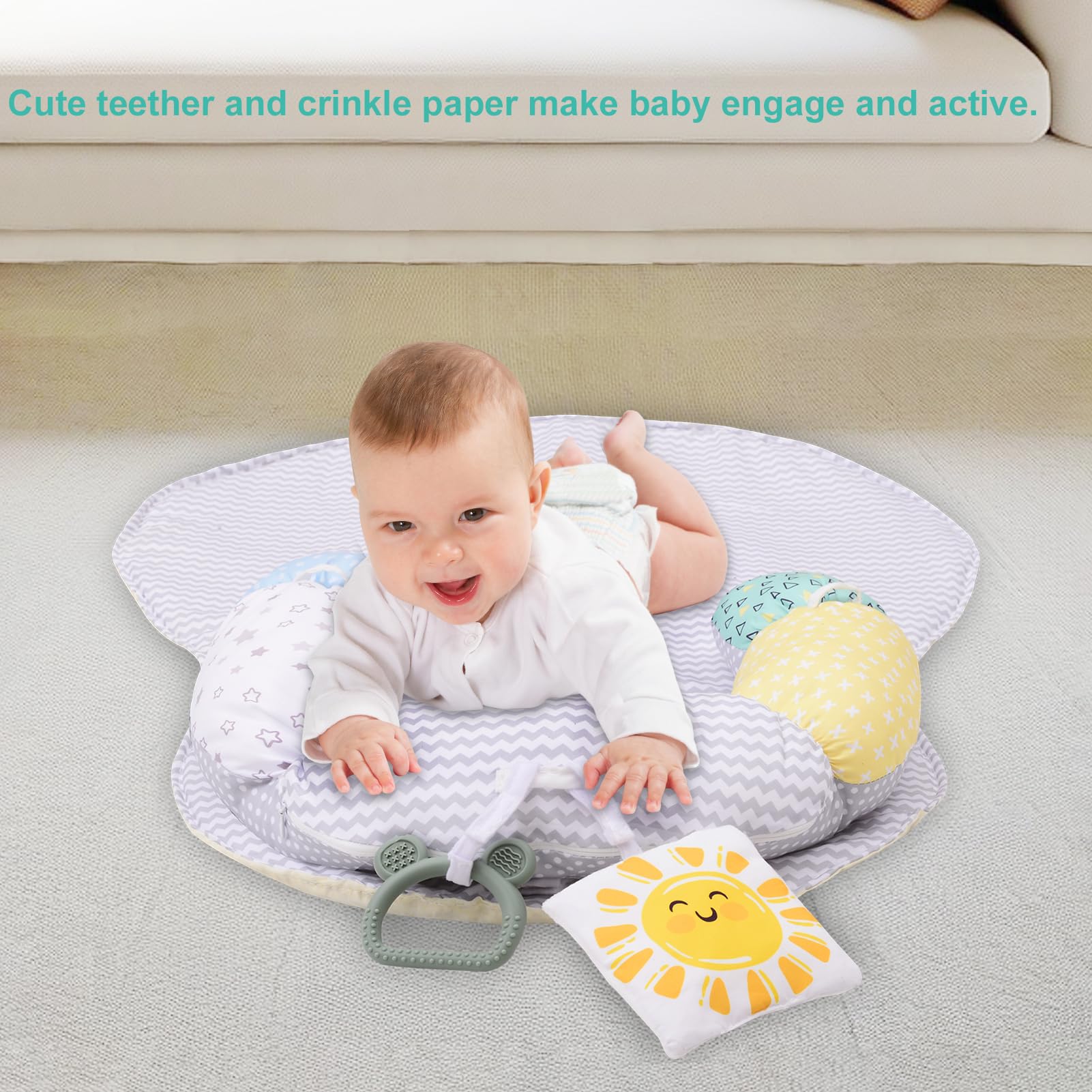 MIIMER sensory-development features engage baby’s senses during floor play.