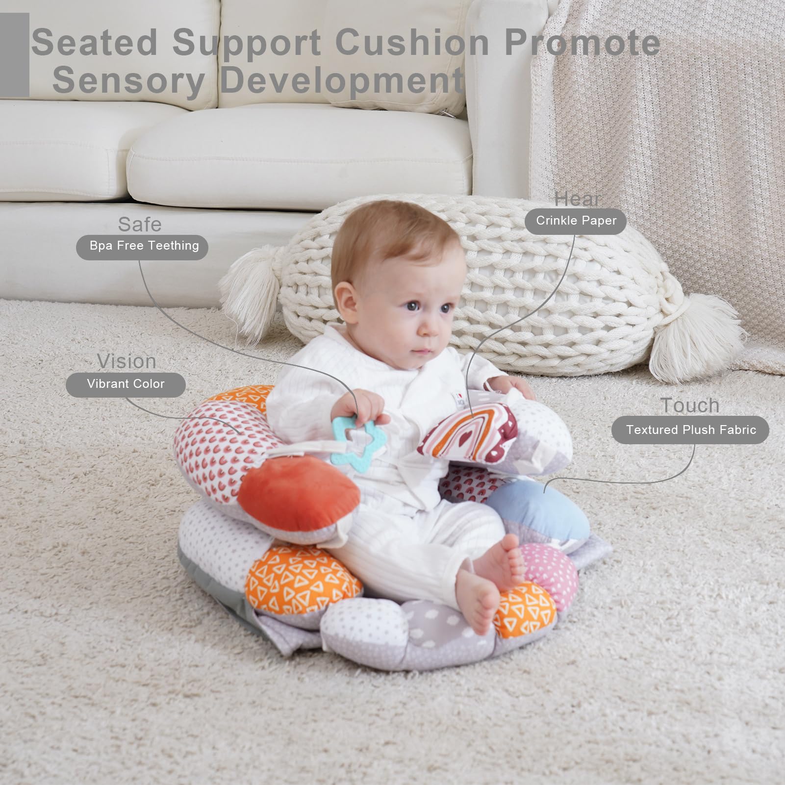 MIIMER tummy time foot prop supports leg positioning during play and sit-up practice.
