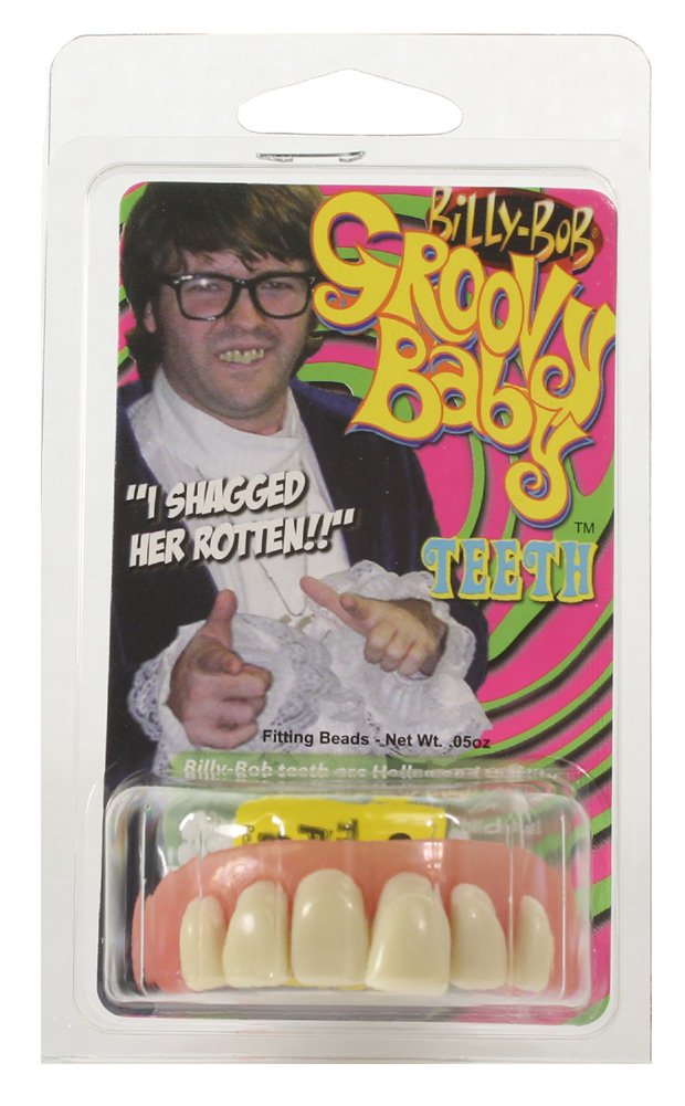 MIK funshopping Billy Bob teeth shown on a smiling wearer for a fun Halloween look.