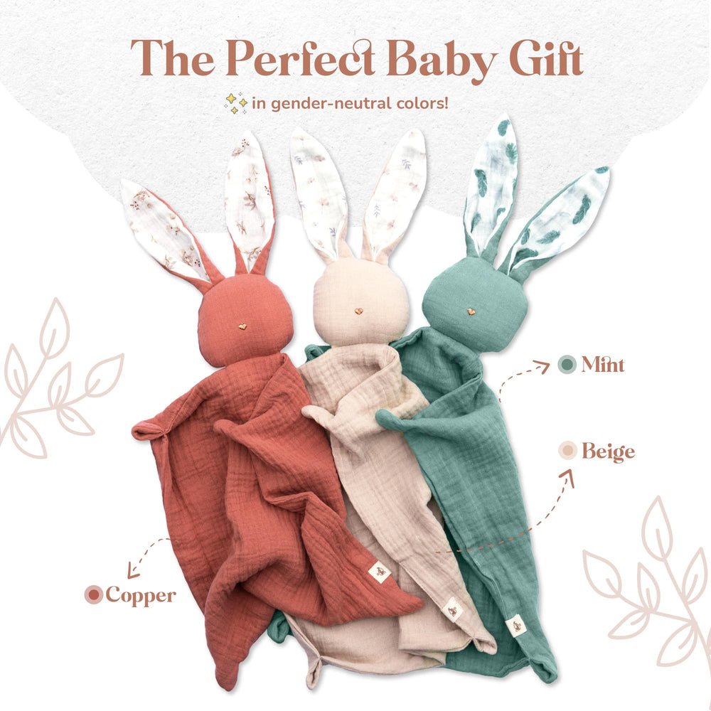 Mikito bunny lovey security blanket in crib-ready setup for comfort.