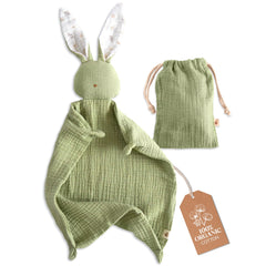 Mikito Bunny Lovey close-up reveals fluffy muslin texture ideal for newborn snuggles.