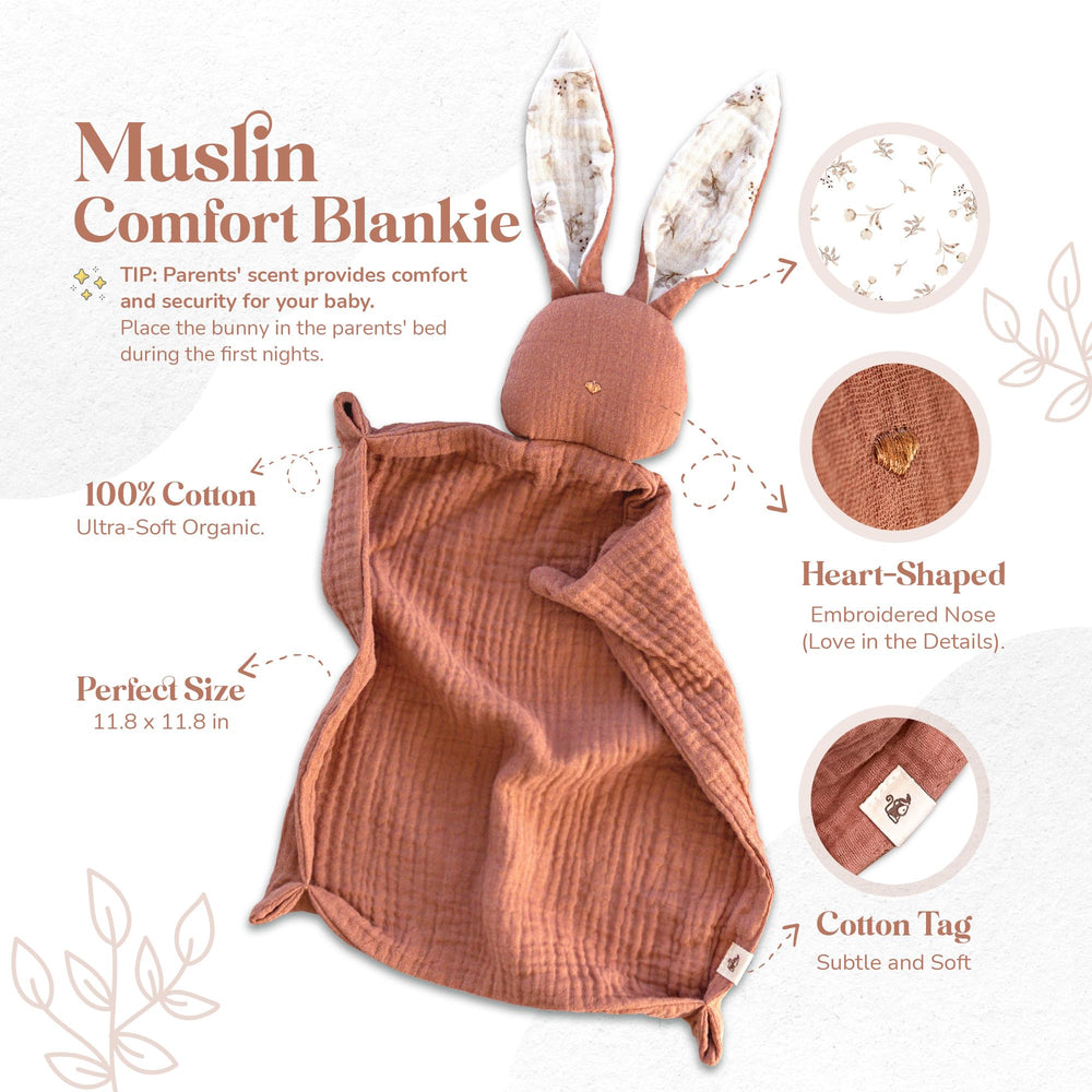 Mikito organic cotton muslin bunny used as sleep aid for peaceful nights.
