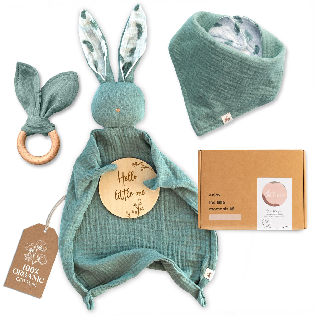 Mikito Organic Cotton Newborn Gift Box main image, ready to gift four-piece set for a thoughtful welcome