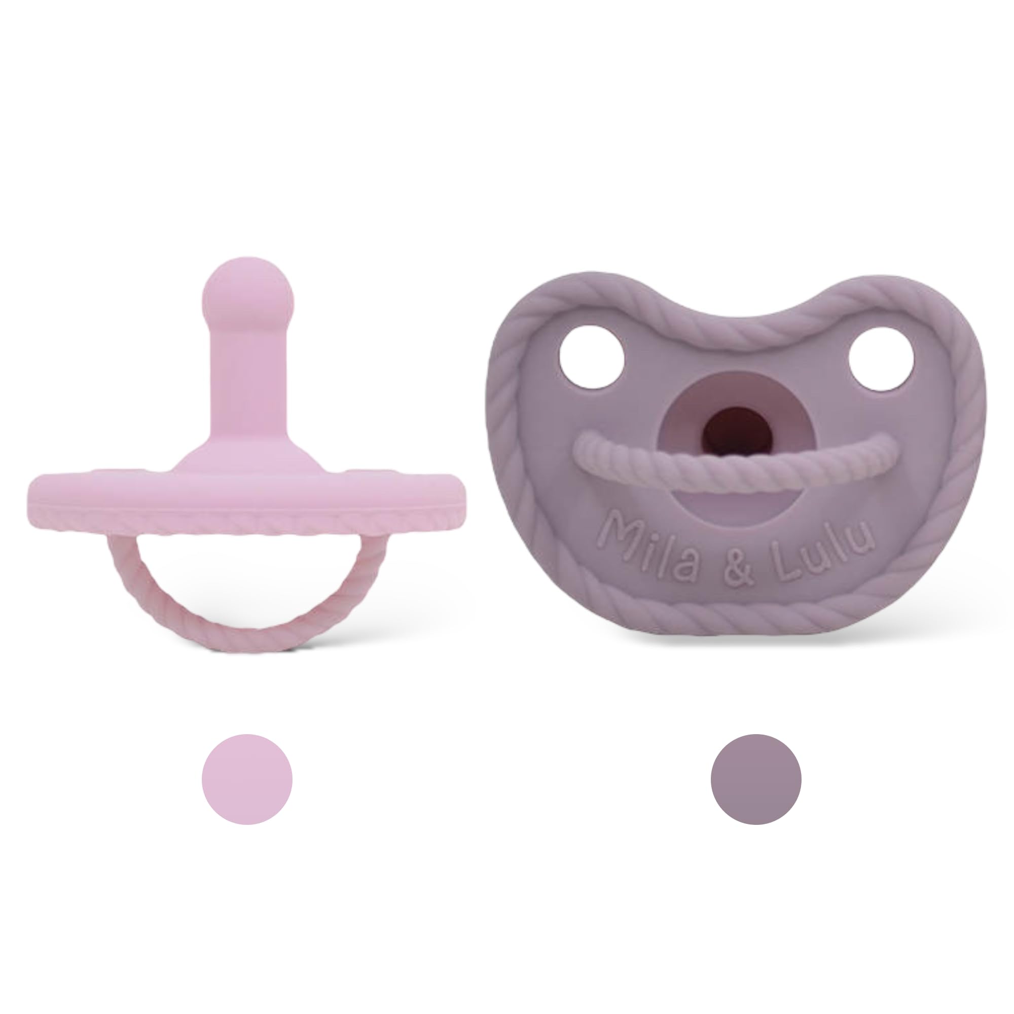 Mila & Lulu round silicone pacifier closeup highlights soft nipple for soothing newborn comfort.
