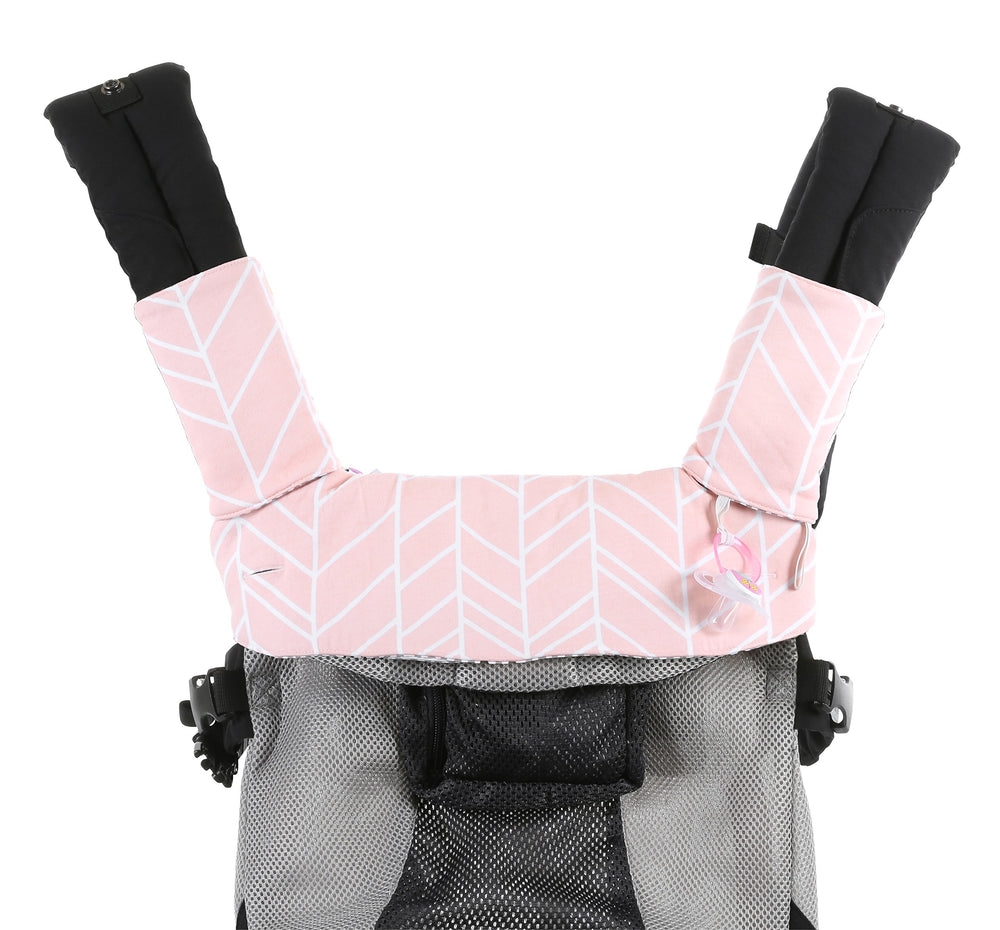 Mila Millie teething pad installation; snap center and shoulder pads quickly for secure fit.