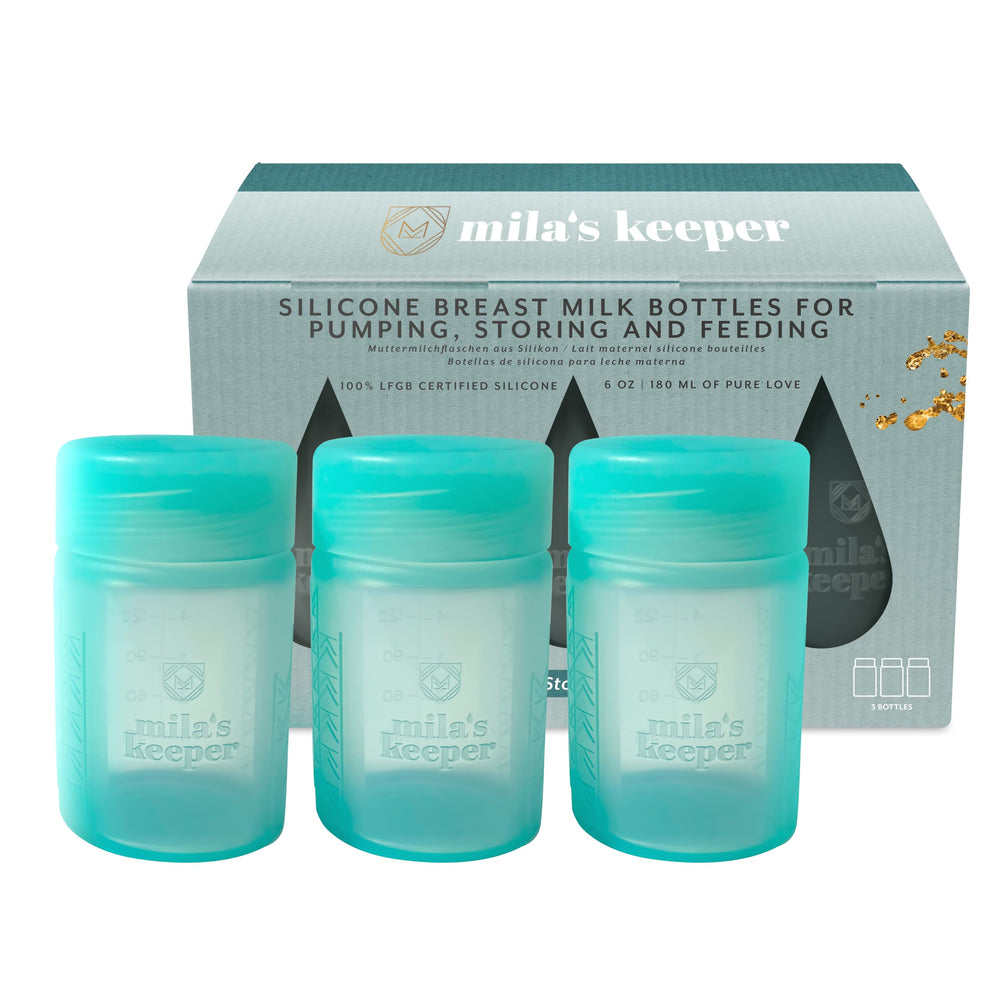 Mila's Keeper 6oz silicone bottle with leak-safe lid and semi-transparent window for easy milk checks.