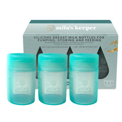 Mila's Keeper 6oz silicone bottle with leak-safe lid and semi-transparent window for easy milk checks.