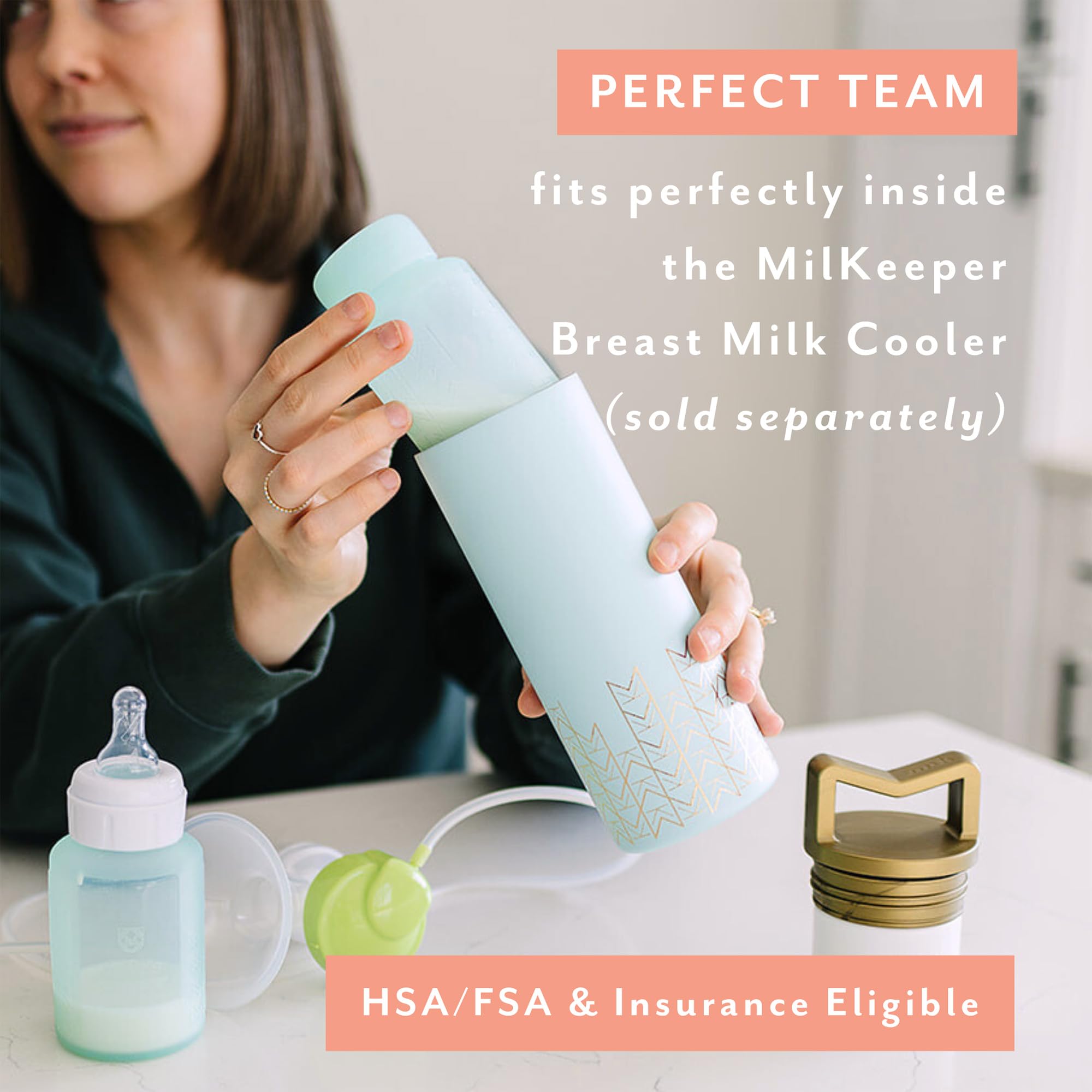 Mila's Keeper wide-neck bottle connected to Avent nipple showcasing compatibility.
