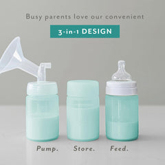 Mila's Keeper wide-neck bottle attached to a pump for on-the-go pumping convenience.