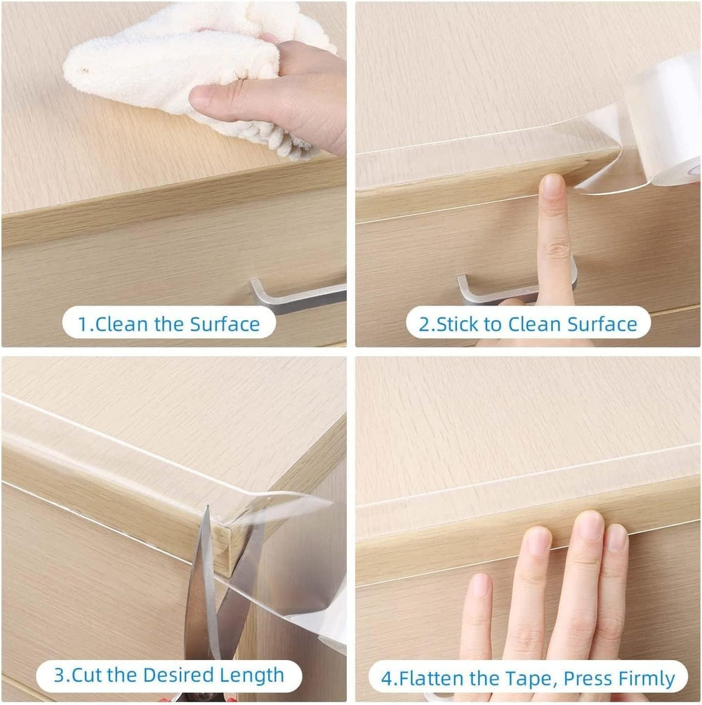 MILEQEE Clear Edge Protector Strip on desk demonstrates minimizing bump injuries.