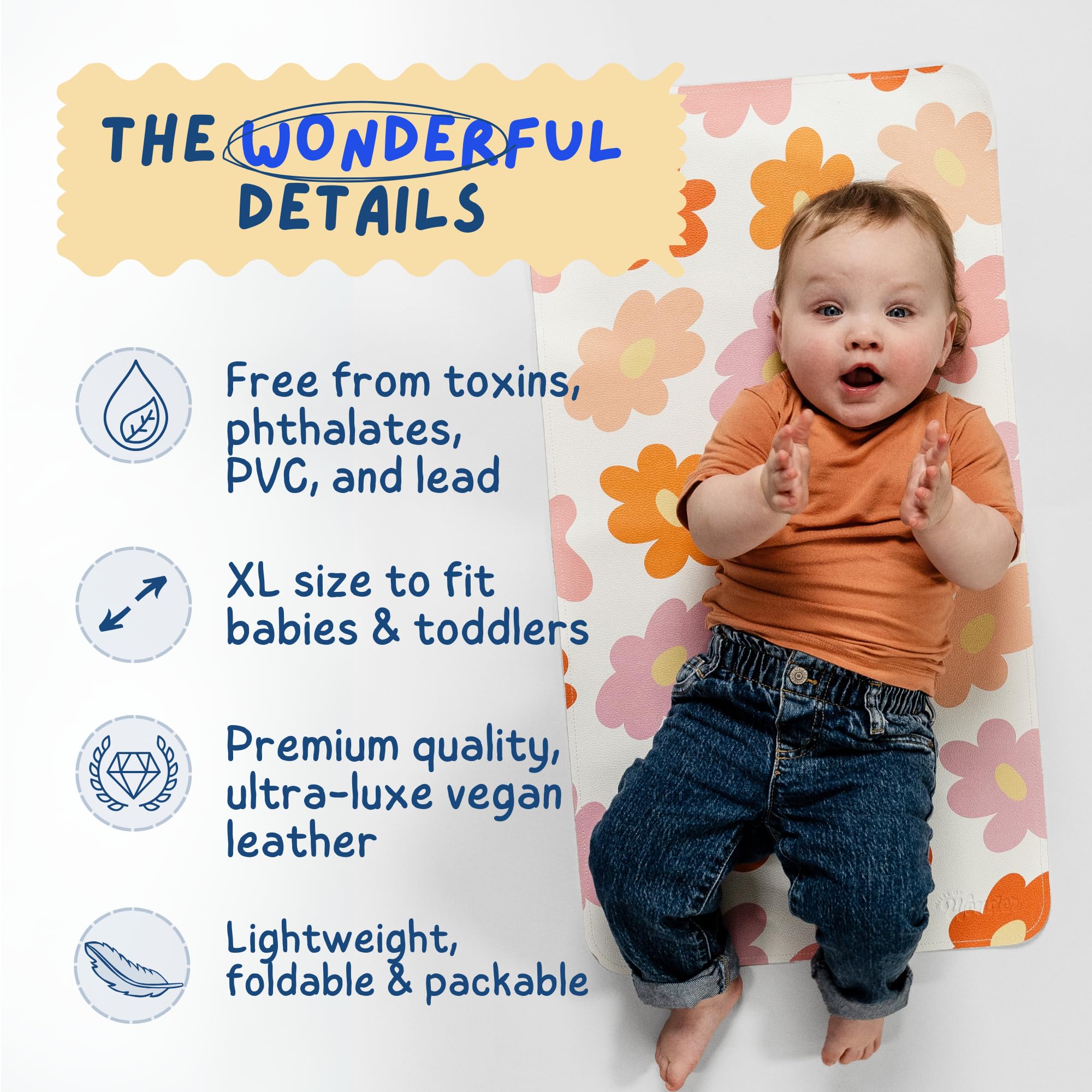 Miles of Wonder vegan leather changing pad with non-toxic surface for baby comfort.
