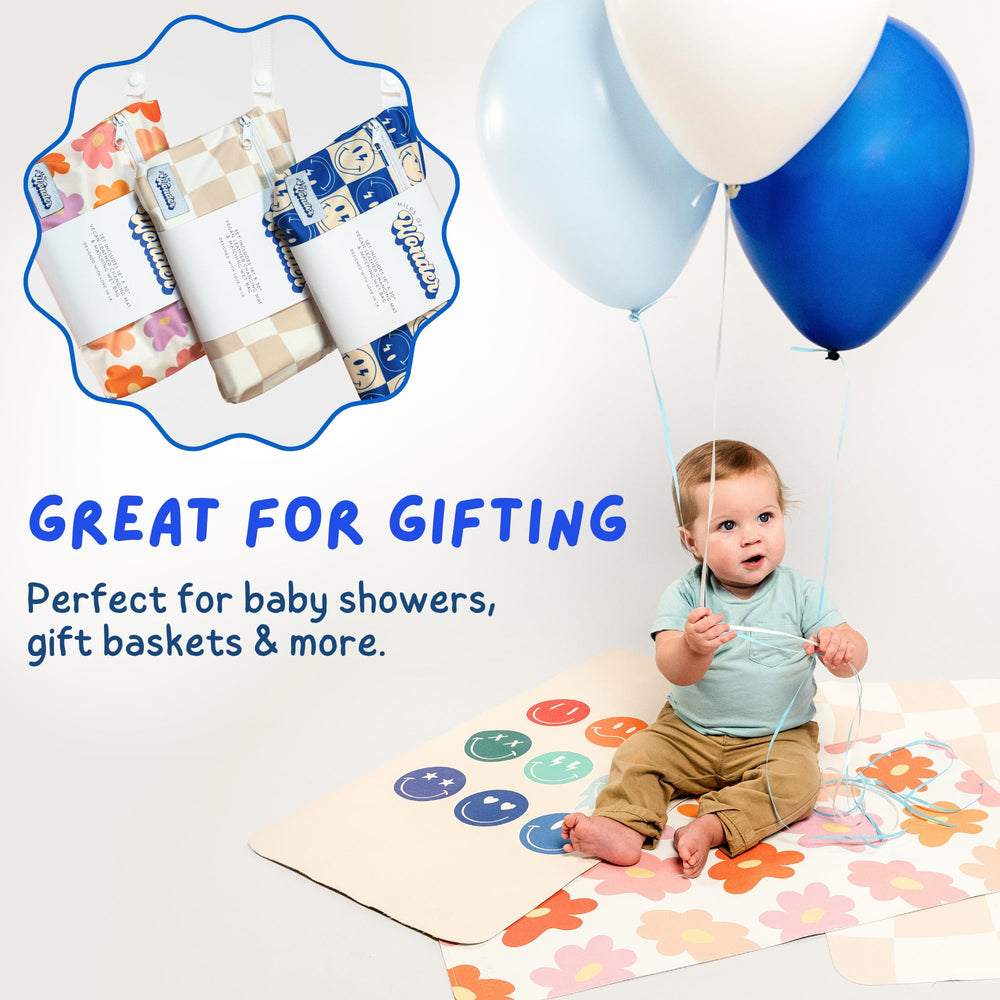 Miles of Wonder waterproof wet bag shown with wipes and clothes.