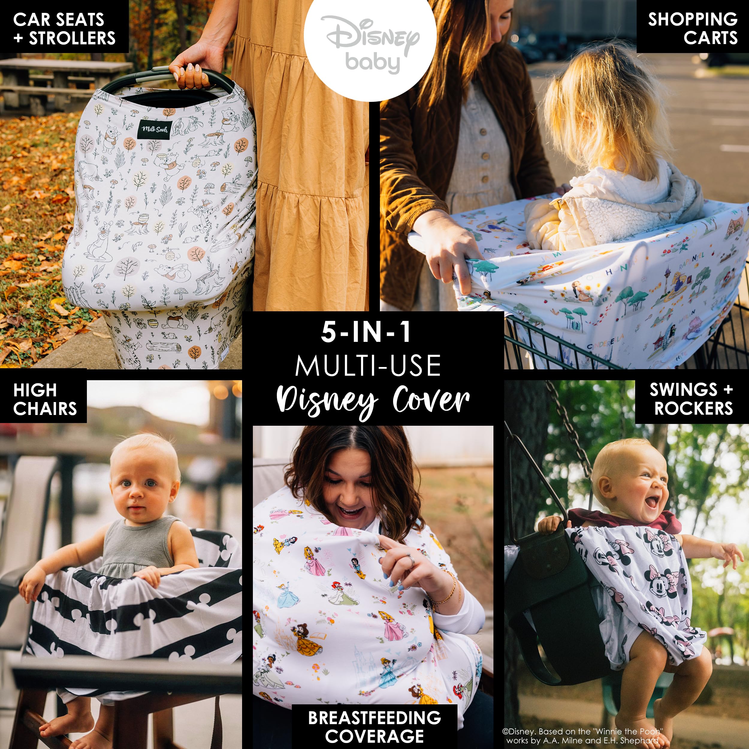 Milk Snob Disney 5-in-1 cover providing breastfeeding privacy with Winnie the Pooh art.