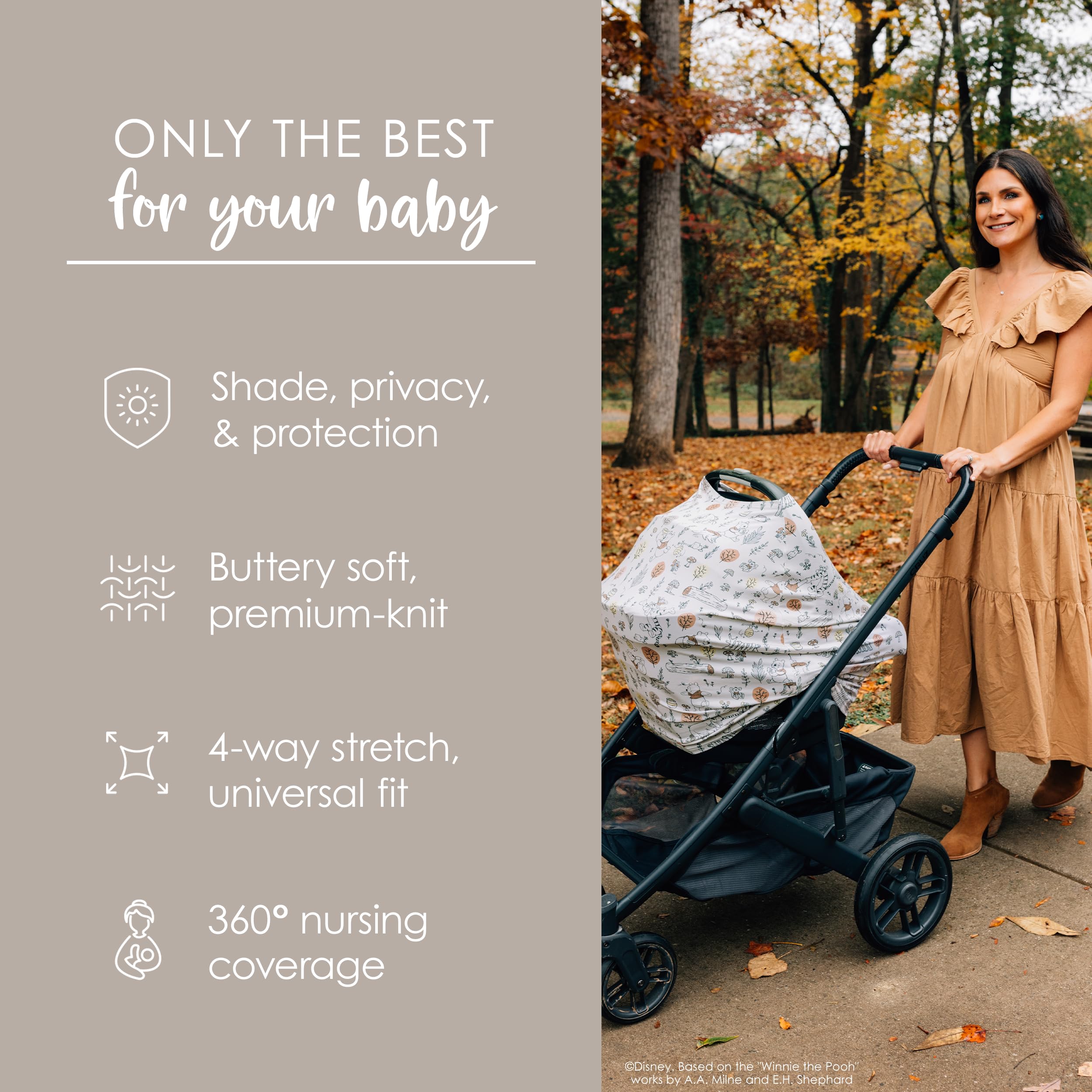 Milk Snob Disney 5-in-1 stroller cover drapes softly for on-the-go comfort.