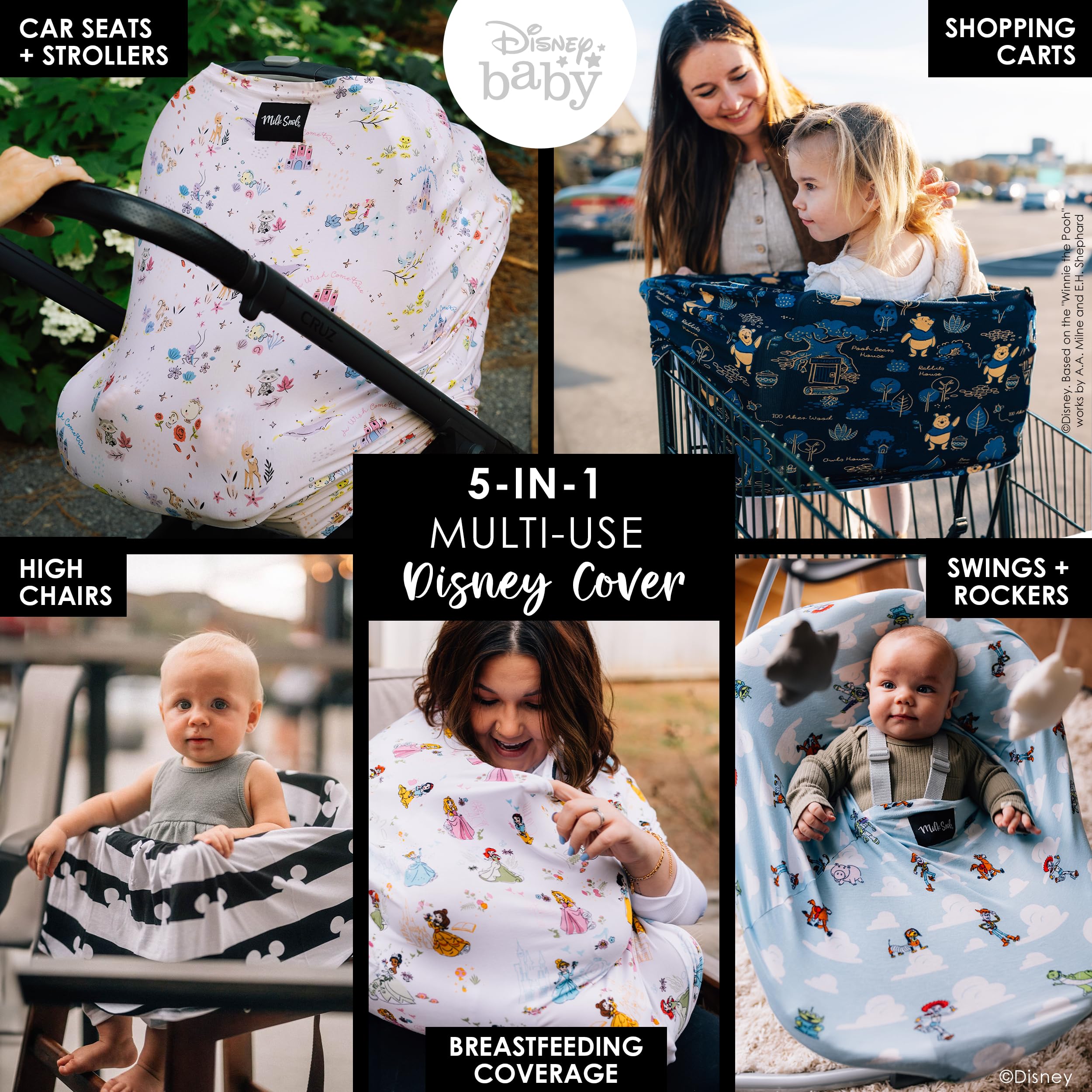 Milk Snob Disney breastfeeding cover offers discreet nursing moments with breathable fabric.