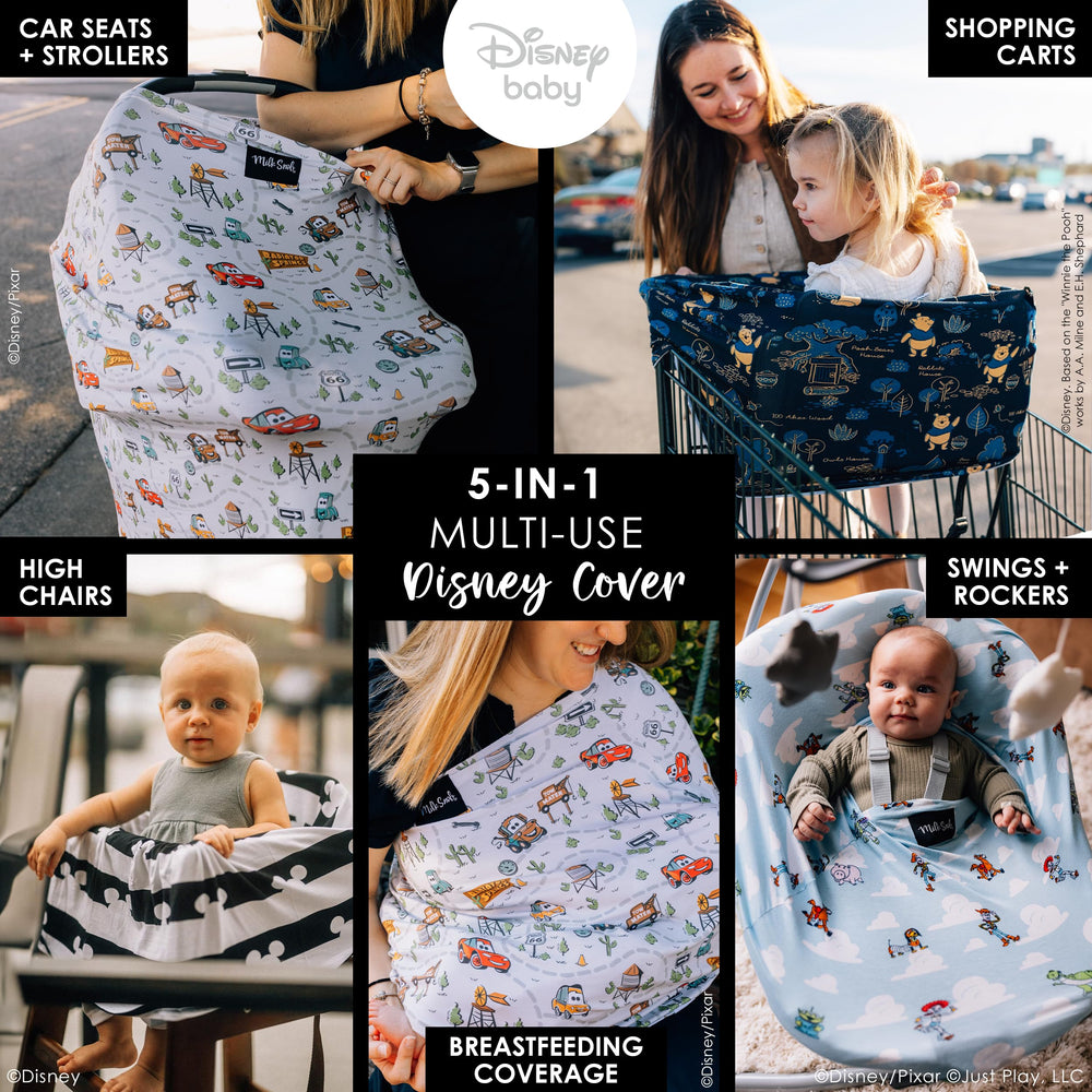 Milk Snob Disney Cars 5-in-1 breastfeeding cover provides privacy during feeds