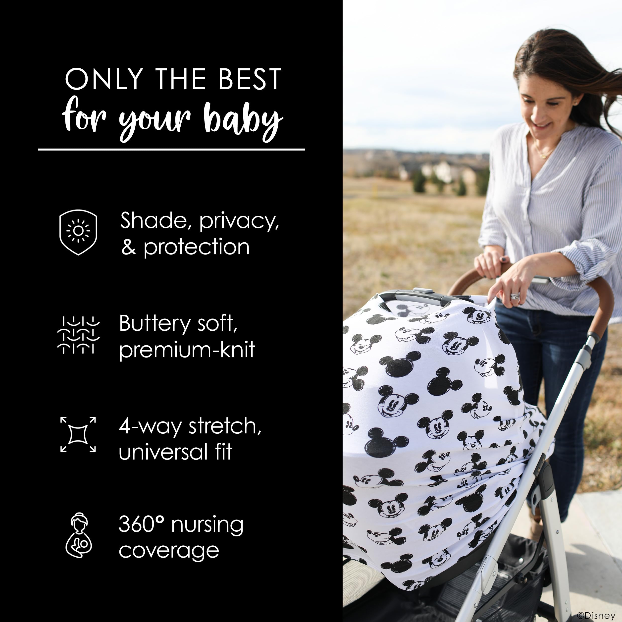 Milk Snob Disney cover shields infant from germs while shopping cart use.