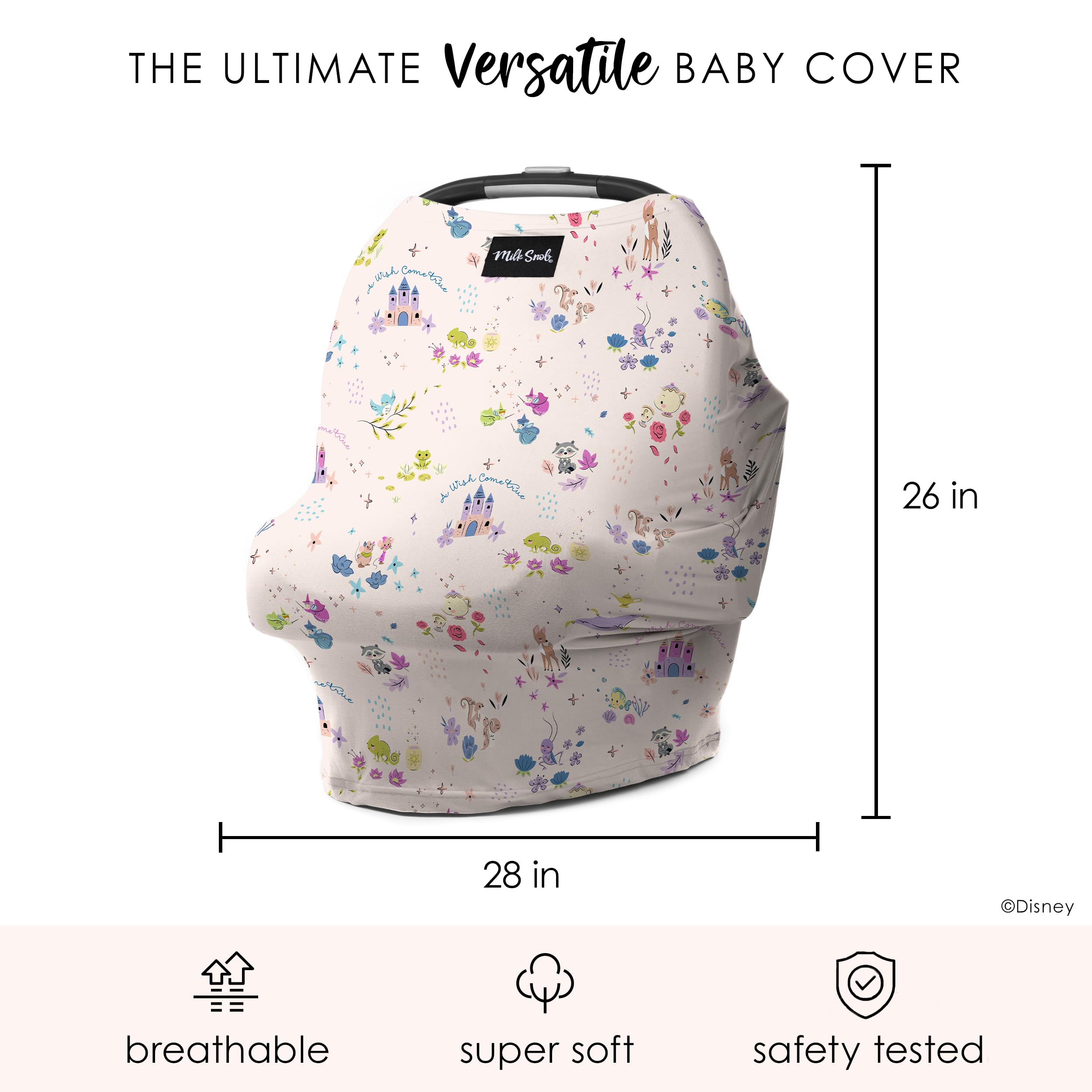 Milk Snob Disney high-chair cover protects baby during mealtime outings.