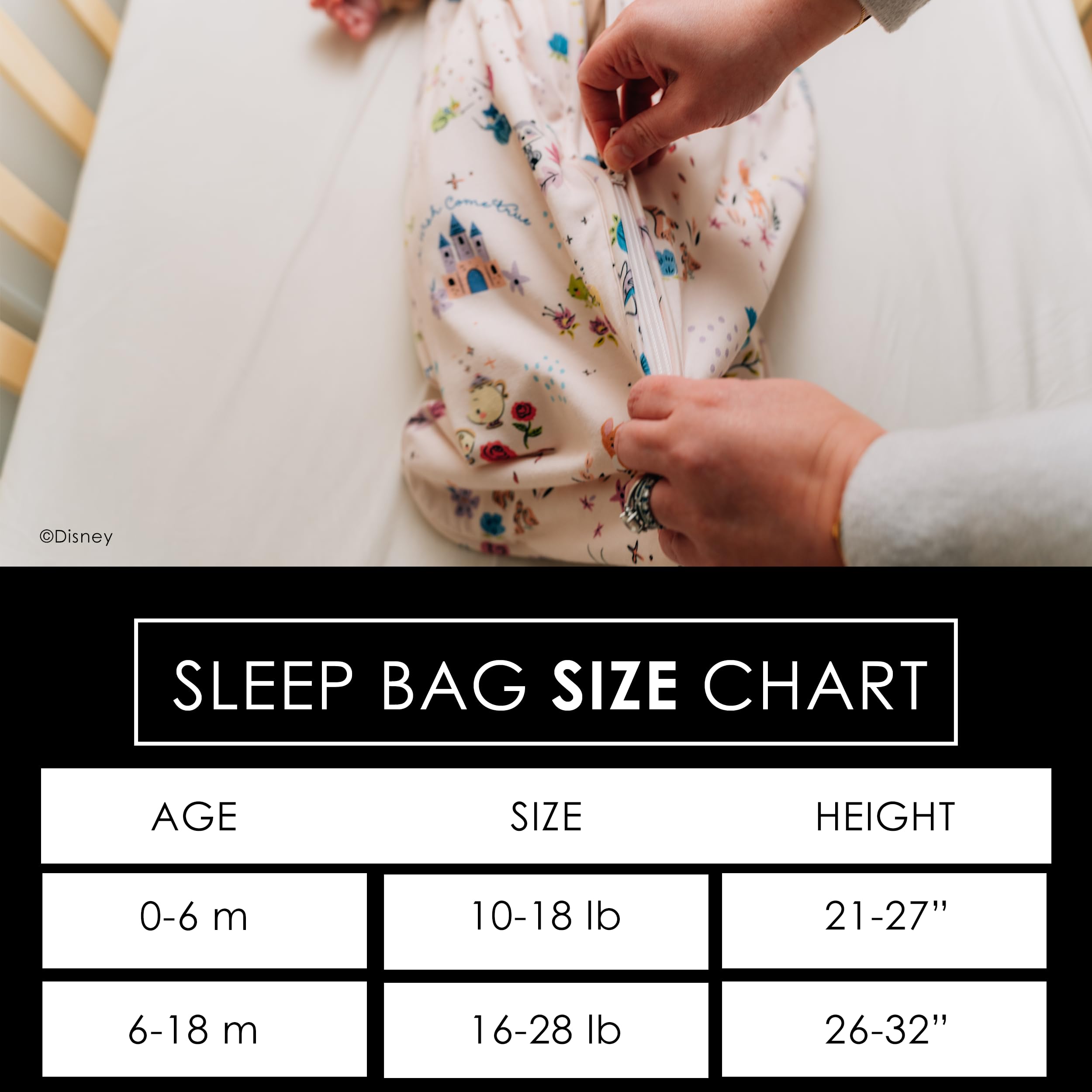 Milk Snob Disney sleep sack on baby demonstrates snug wear and breathable fabric for peaceful naps