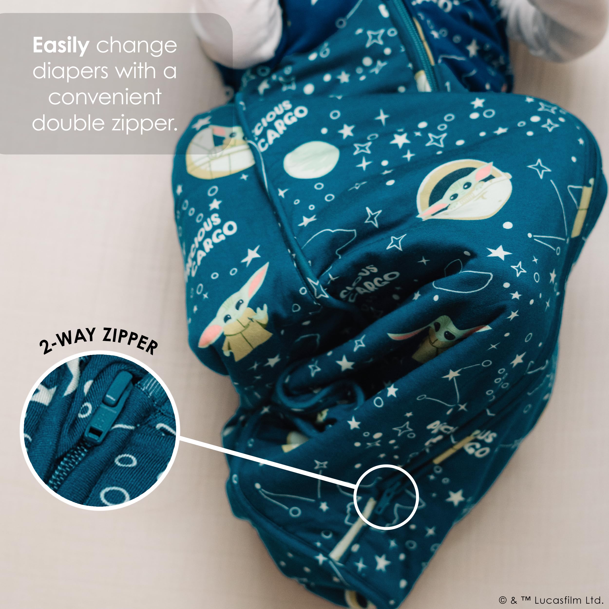 Milk Snob Disney sleeping sack worn on baby demonstrates wearable blanket simplicity