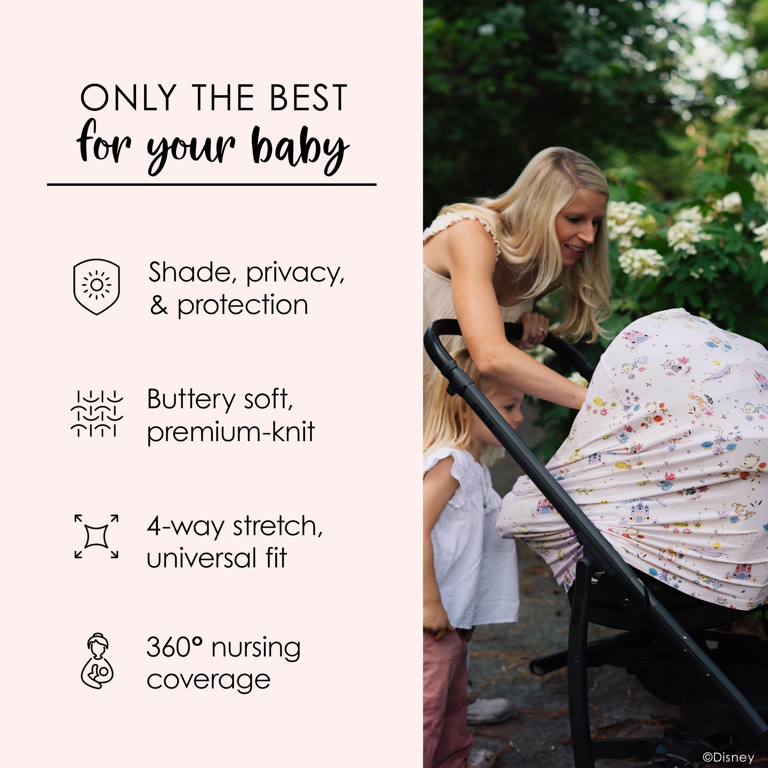 Milk Snob Disney stroller cover shields baby from sun and wind during walks.