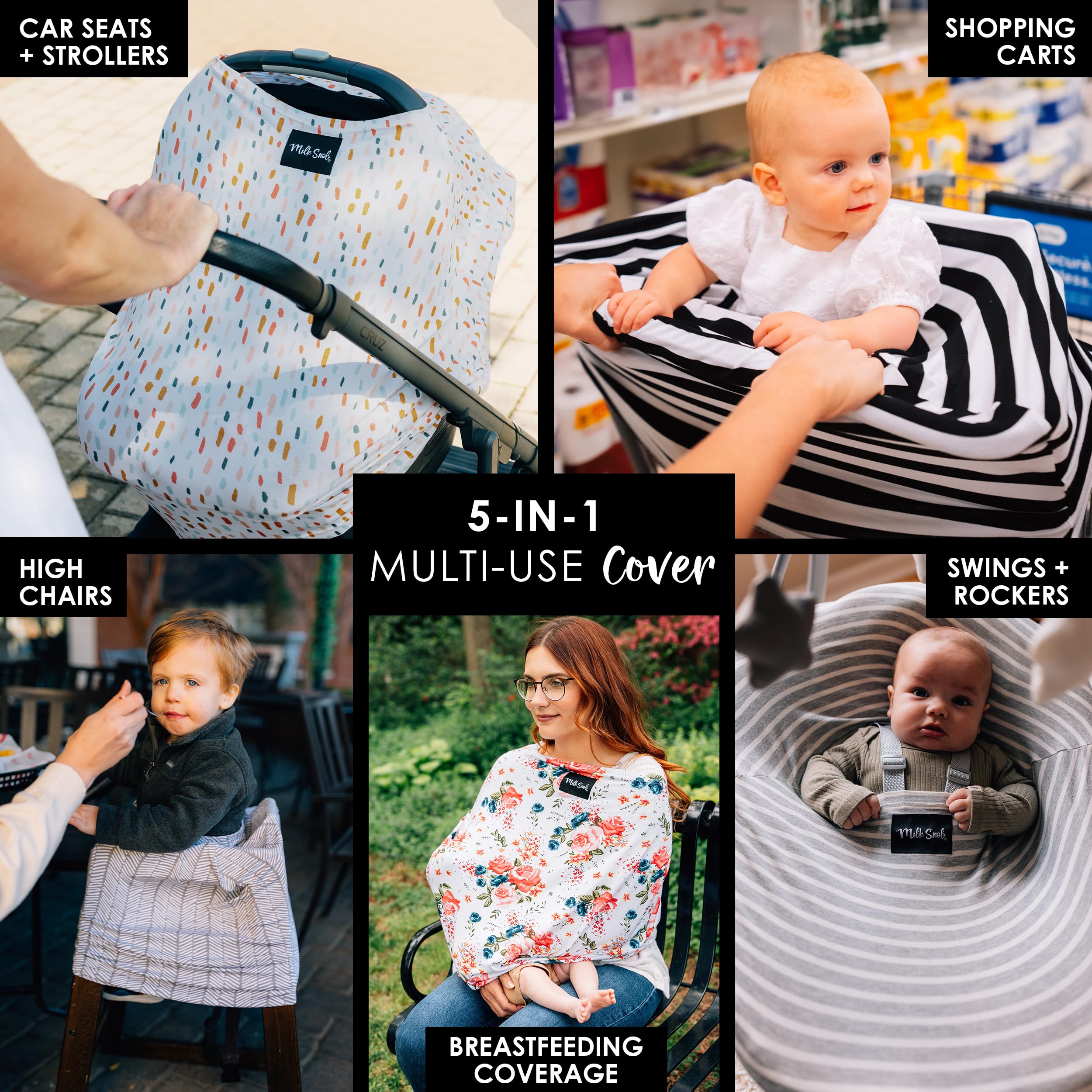 Milk Snob Original 5-in-1 cover carseat canopy protecting baby from sun.