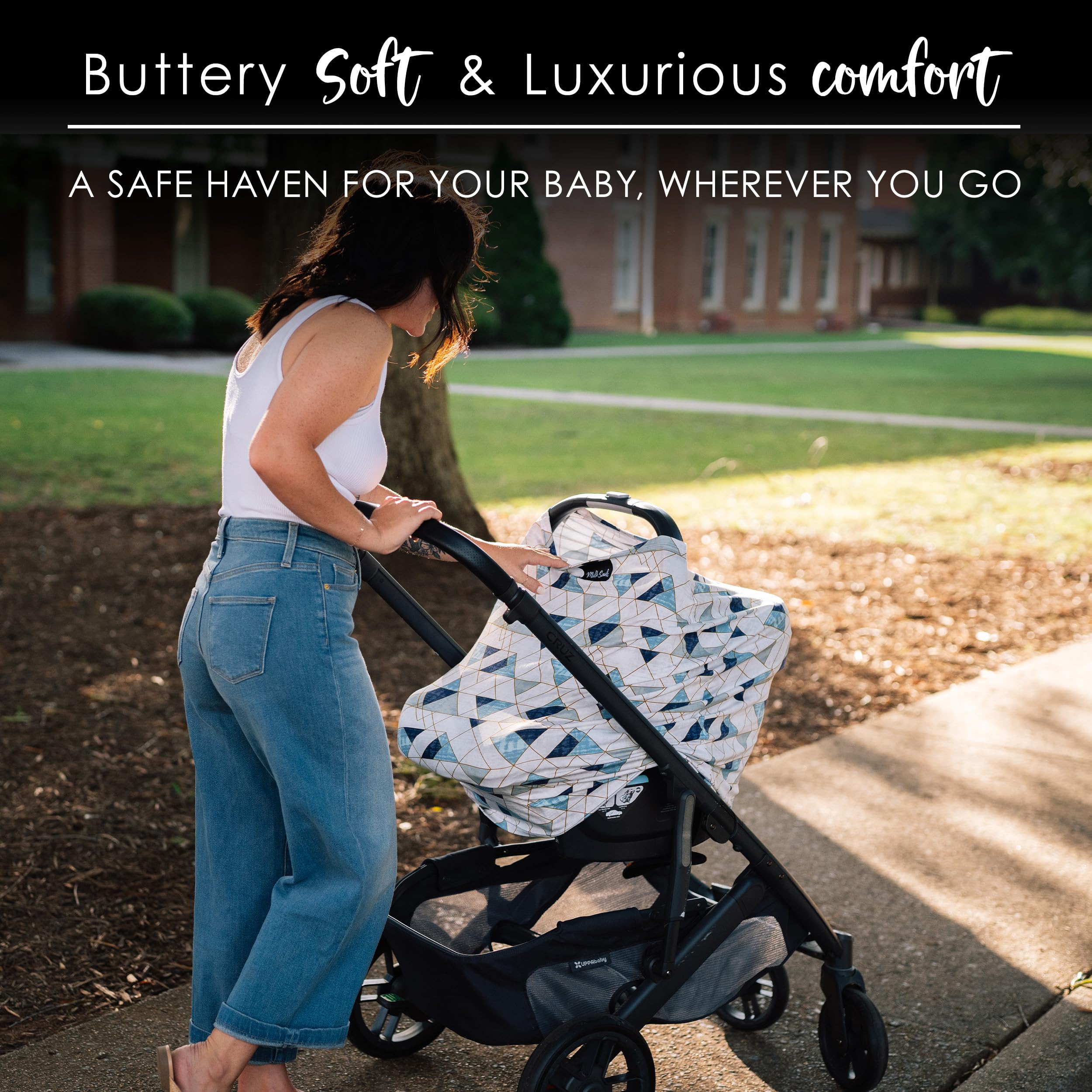 Milk Snob Original 5-in-1 car-seat and stroller cover shields outdoors.