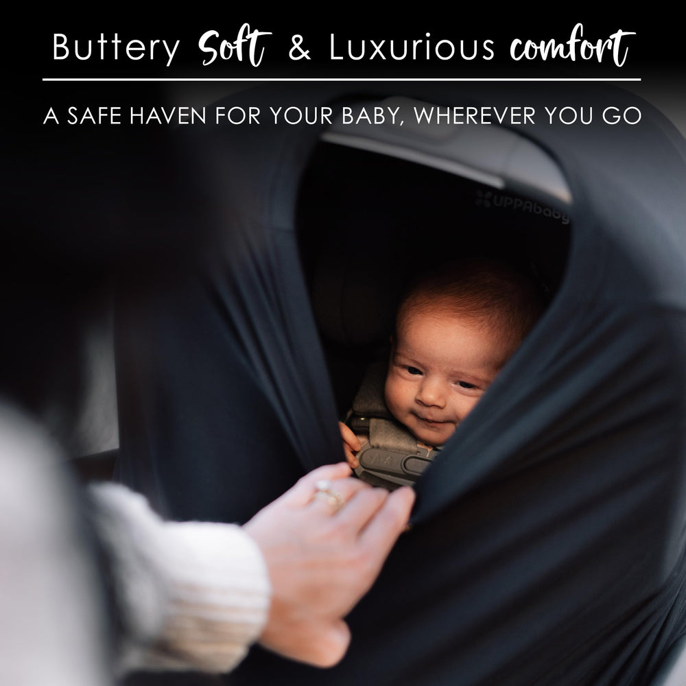 Milk Snob Original Luxe Nursing Cover used as car seat cover for sun and wind protection