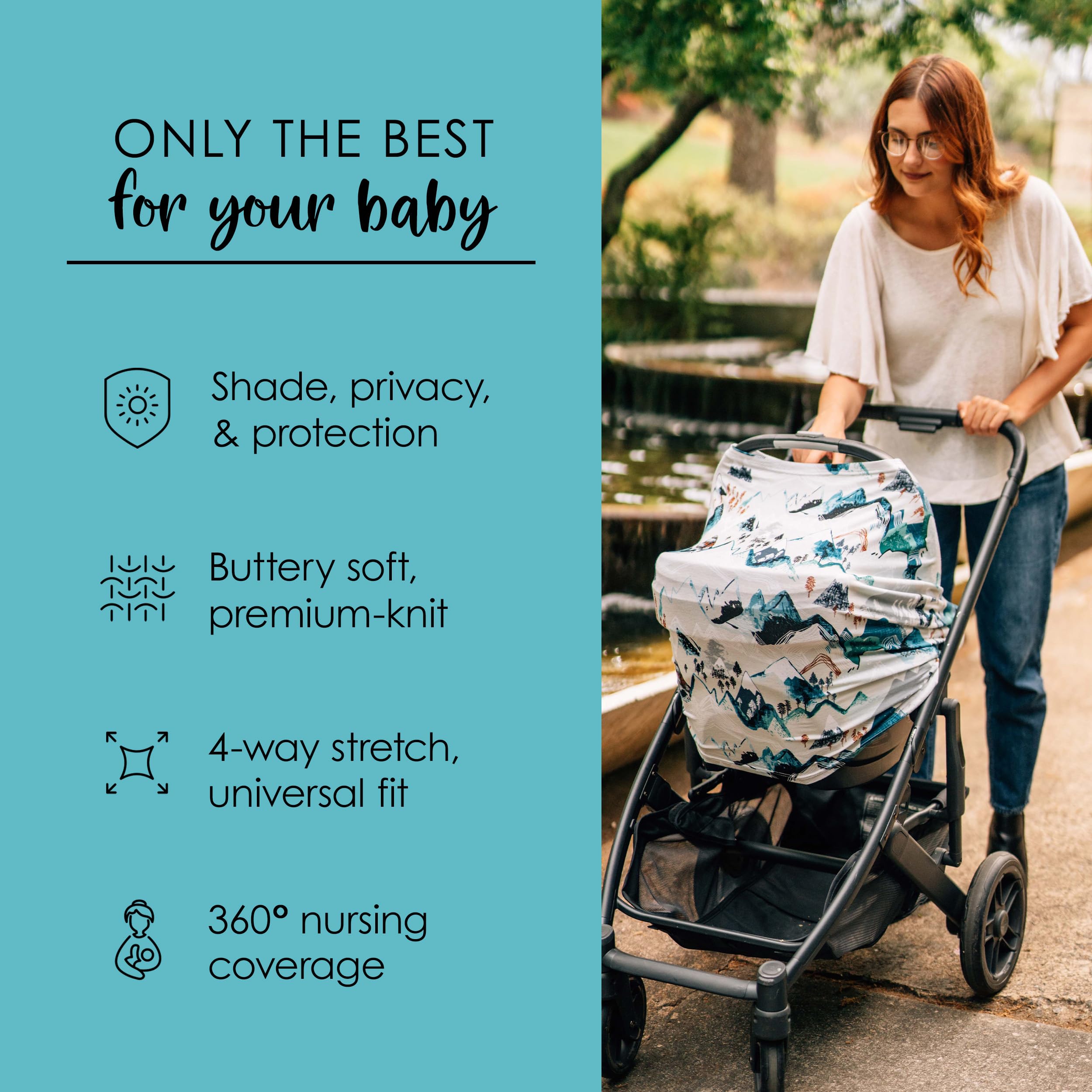 Milk Snob Original 5-in-1 cover protects baby on stroller from sun and wind.