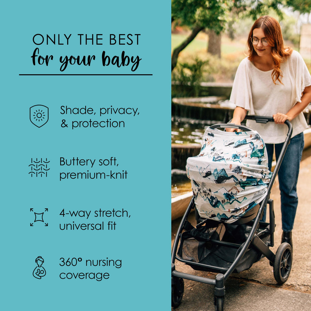 Milk Snob Original 5-in-1 cover protects baby on stroller from sun and wind.