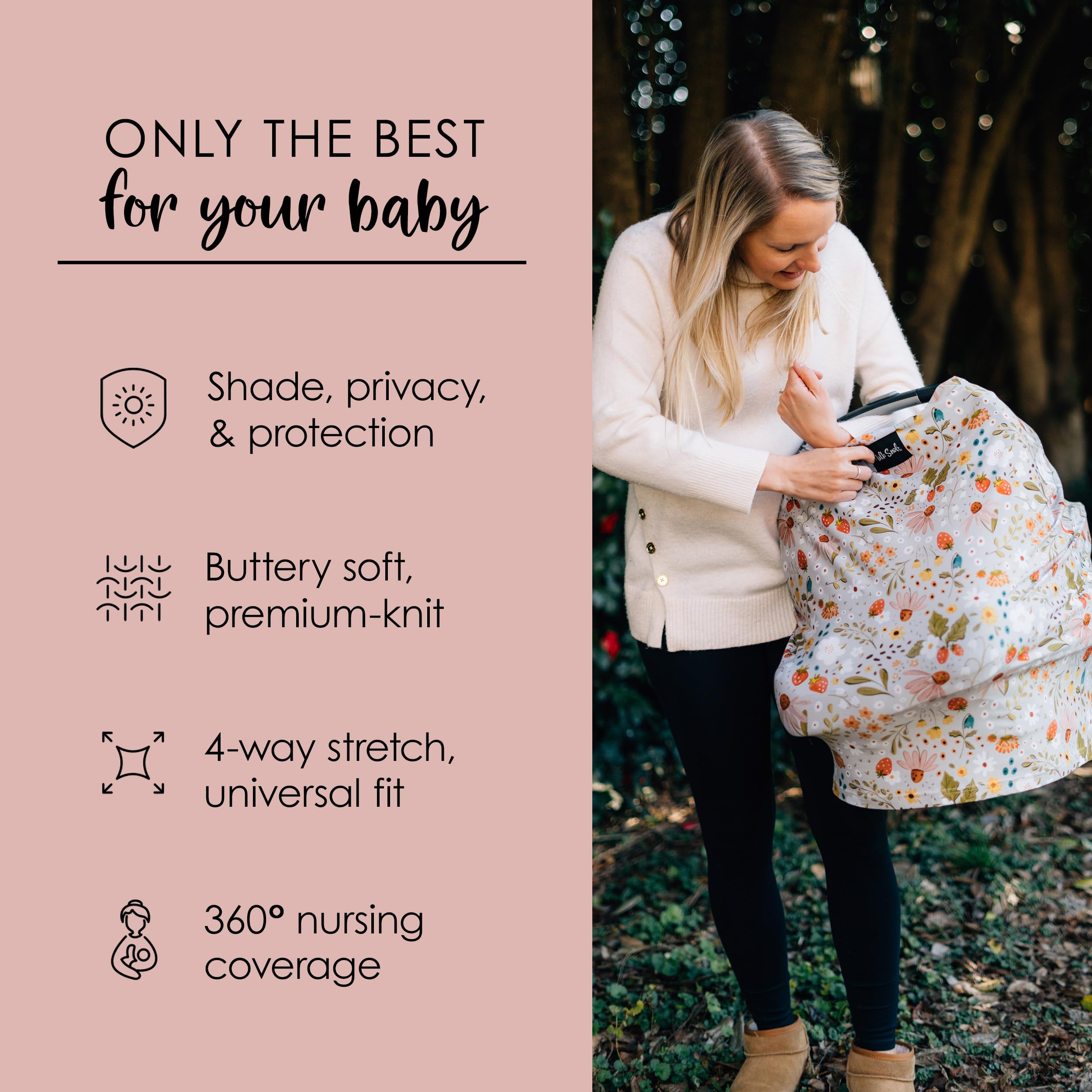 Milk Snob Original adaptive-fit car seat cover accommodates most infant seats.
