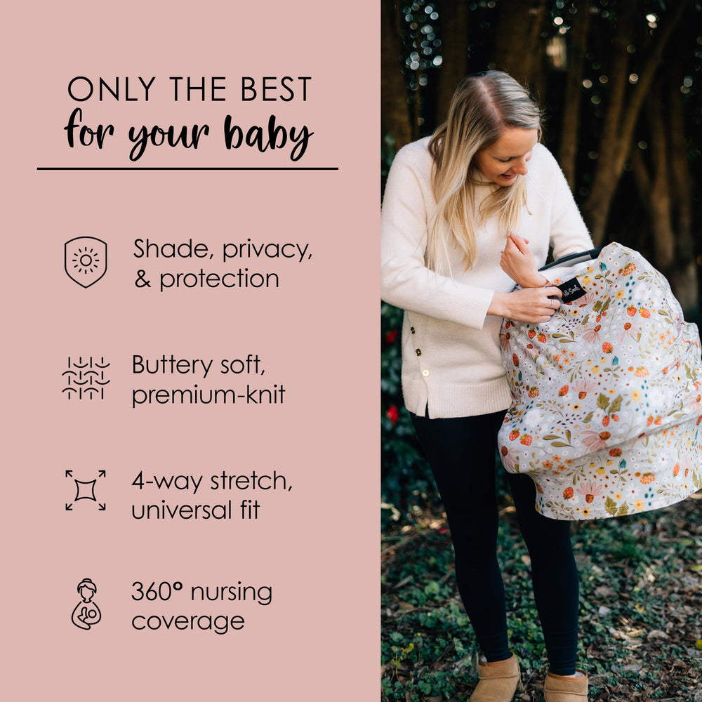 Milk Snob Original adaptive-fit car seat cover accommodates most infant seats.