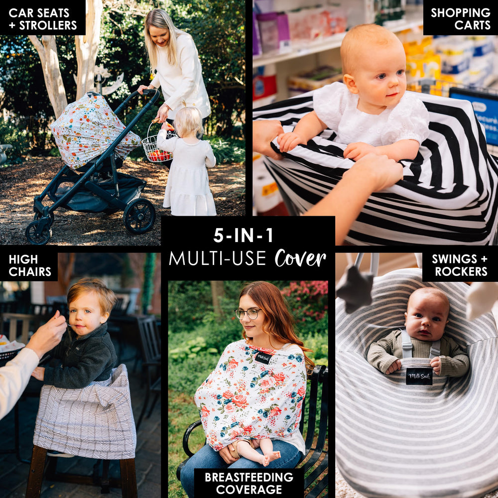 Milk Snob Original baby car seat canopy creates a cozy protective shield during outings.