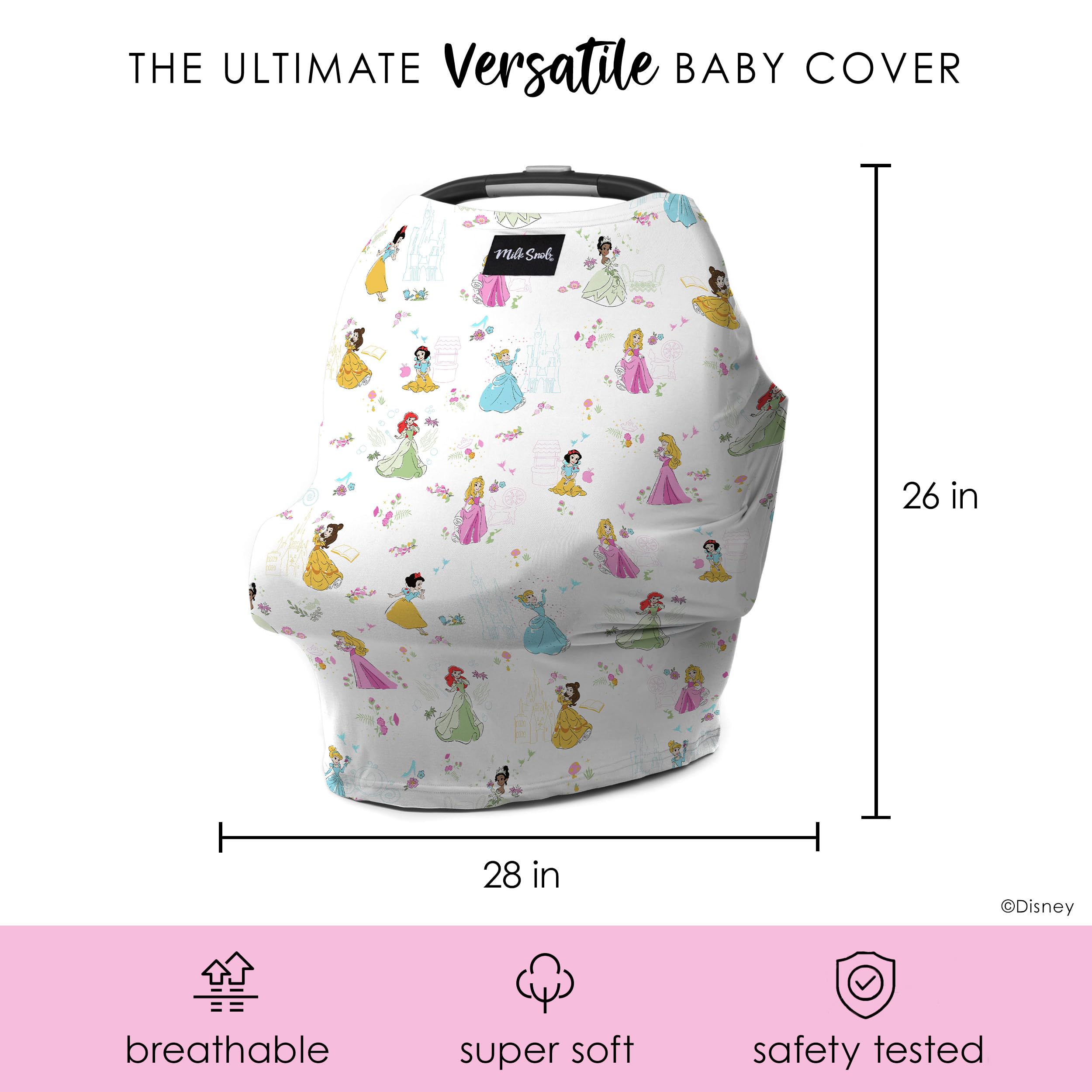 Milk Snob Disney Princess cover folded neatly in a diaper bag for on-the-go use.