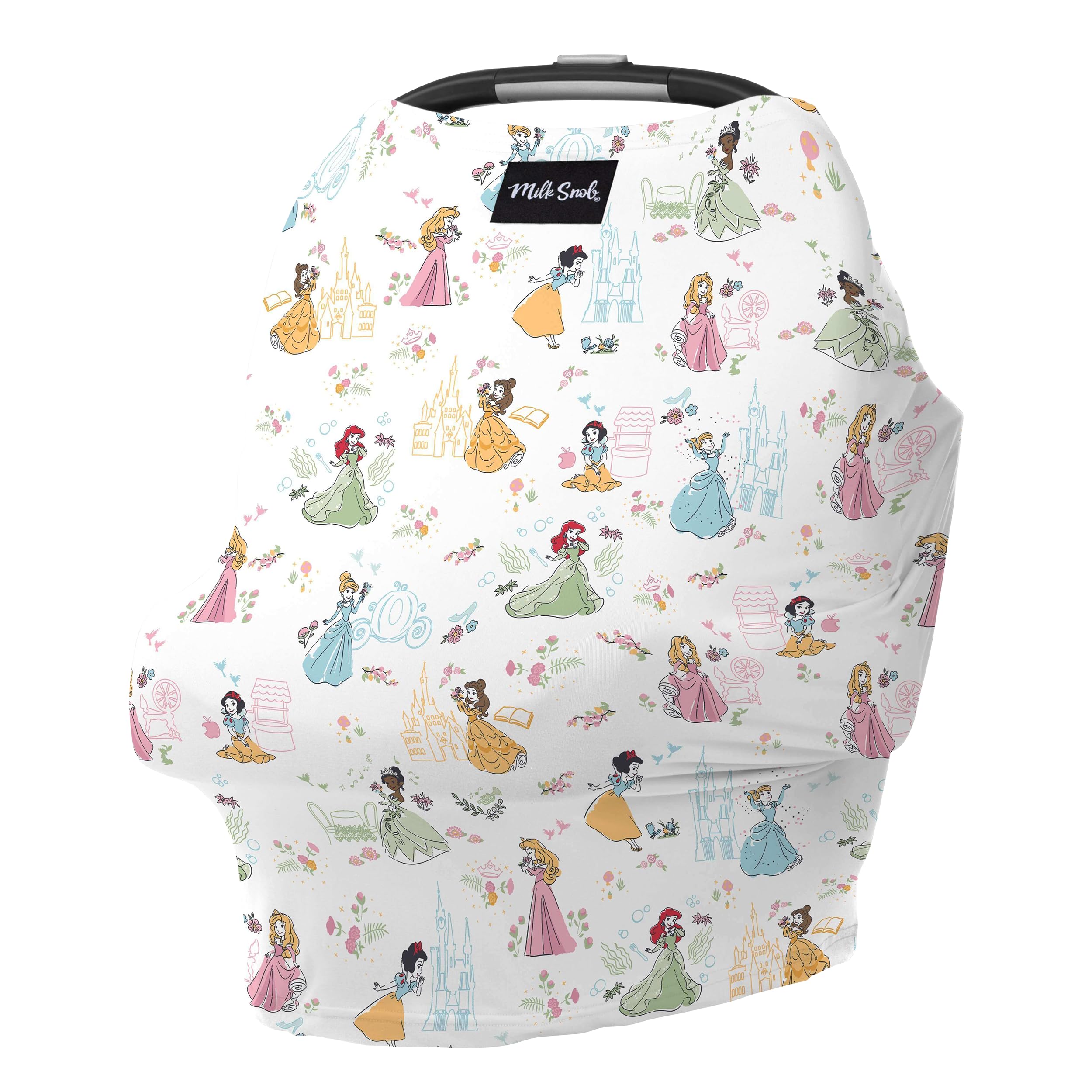 Milk Snob Original Disney Princess cover shown as scarf-style nursing cover for privacy.