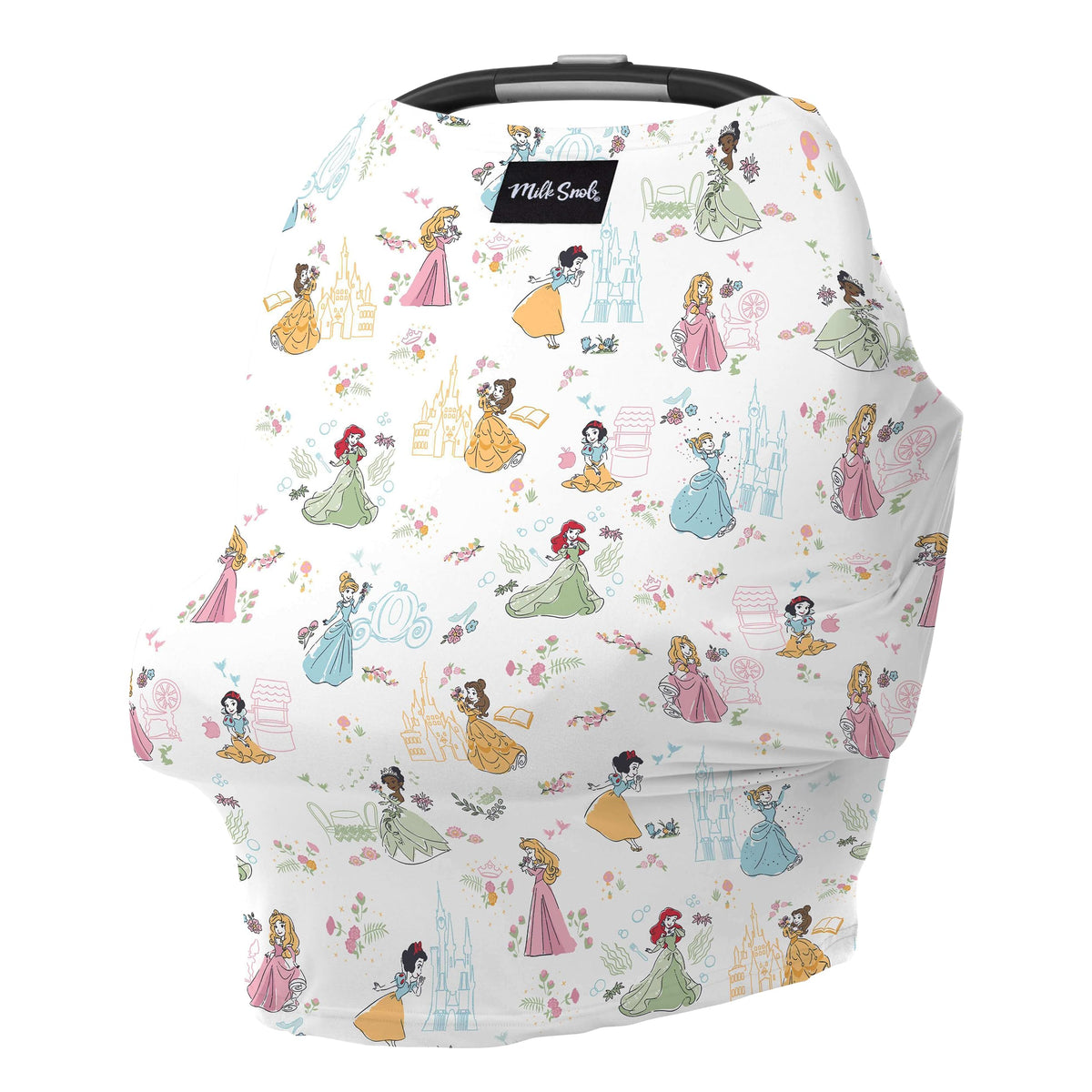 Milk Snob Original Disney Princess cover shown as scarf-style nursing cover for privacy.